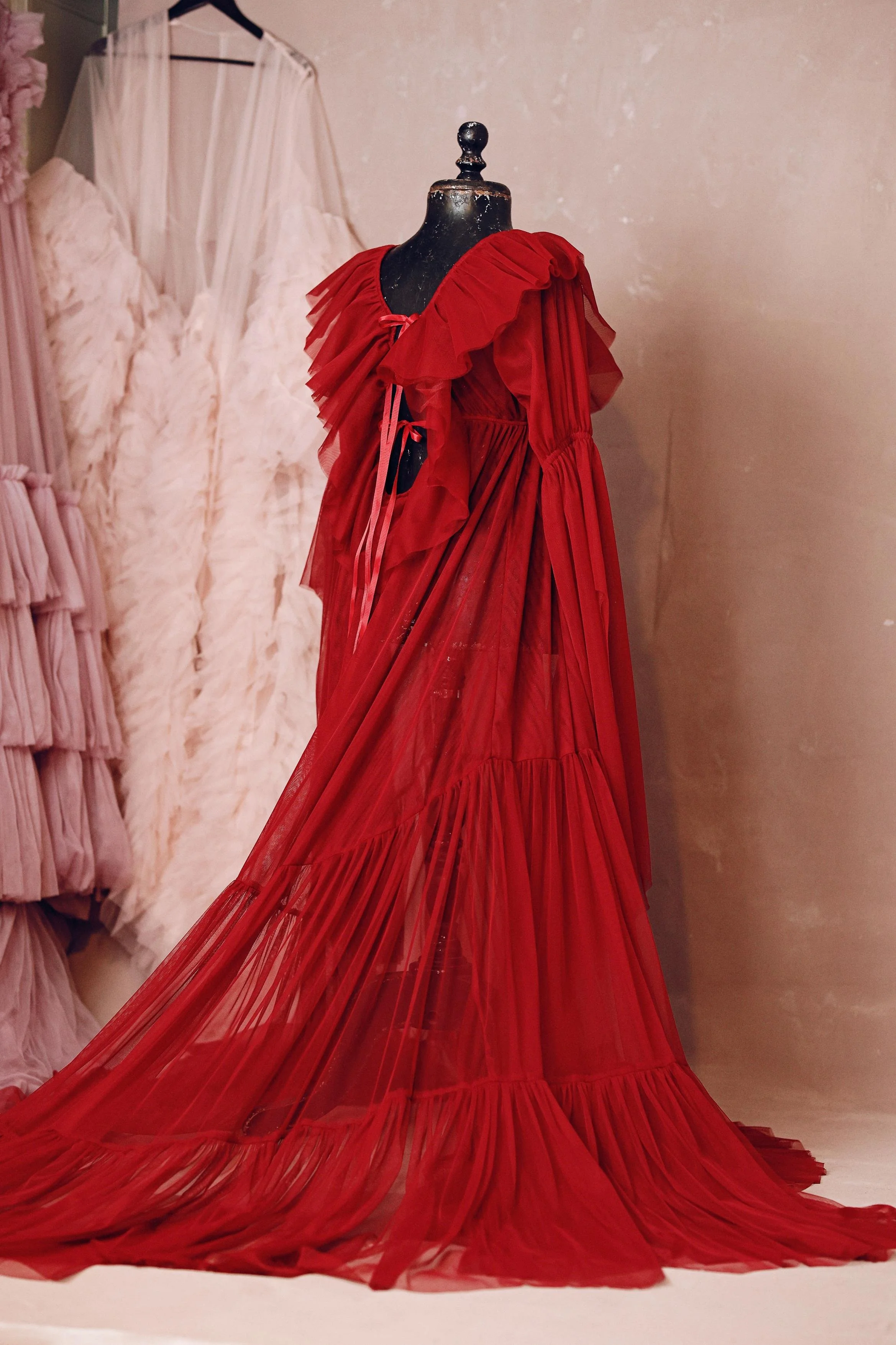 Red maternity photoshoot boudoir robe with open back and long floor length skirt