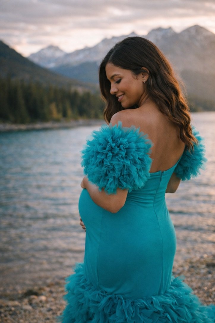 AI generated image of a pregnant woman wearing a turquoise mermaid gown with puffy ruffled tulle skirt and sleeves