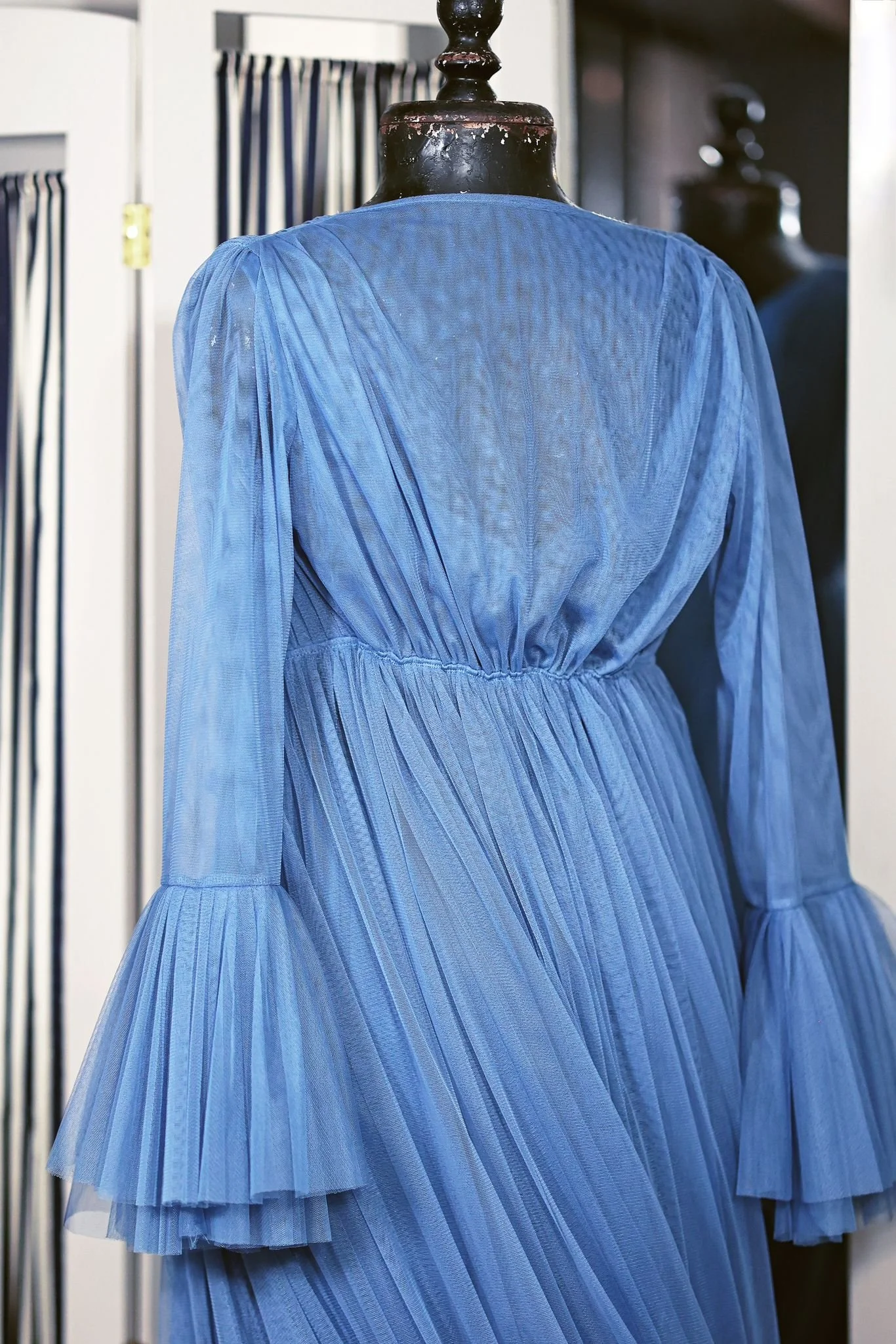Back view of extra long blue tulle robe with long sleeves