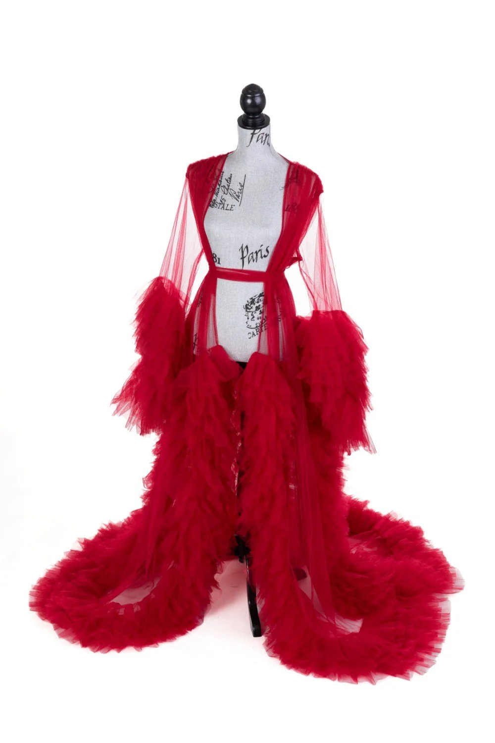 Red sheer tulle maternity robe with textured tulle ruffled sleeves and long train