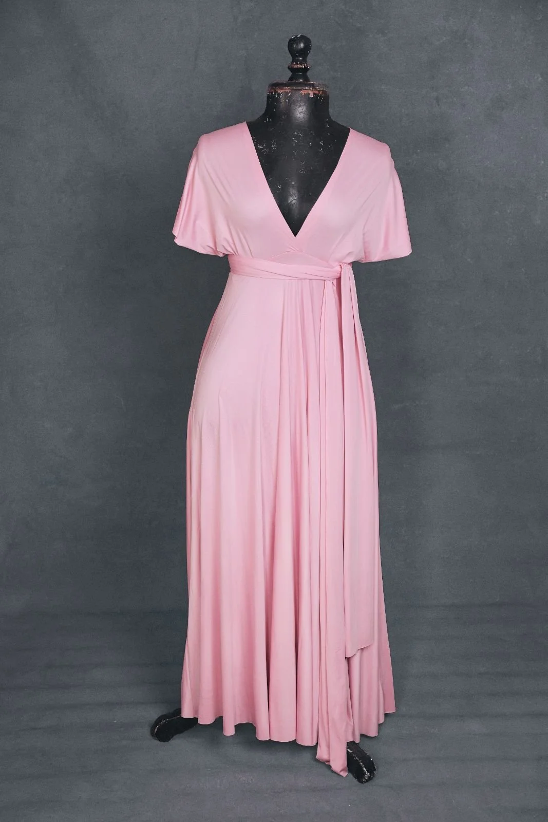 Floor-length pink infinity dress with V-neck