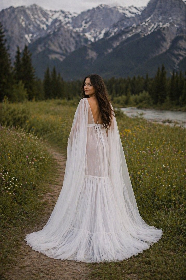 An AI generated image of a pregnant woman in the mountains of Alberta, wearing a white lace gown showing an open back design