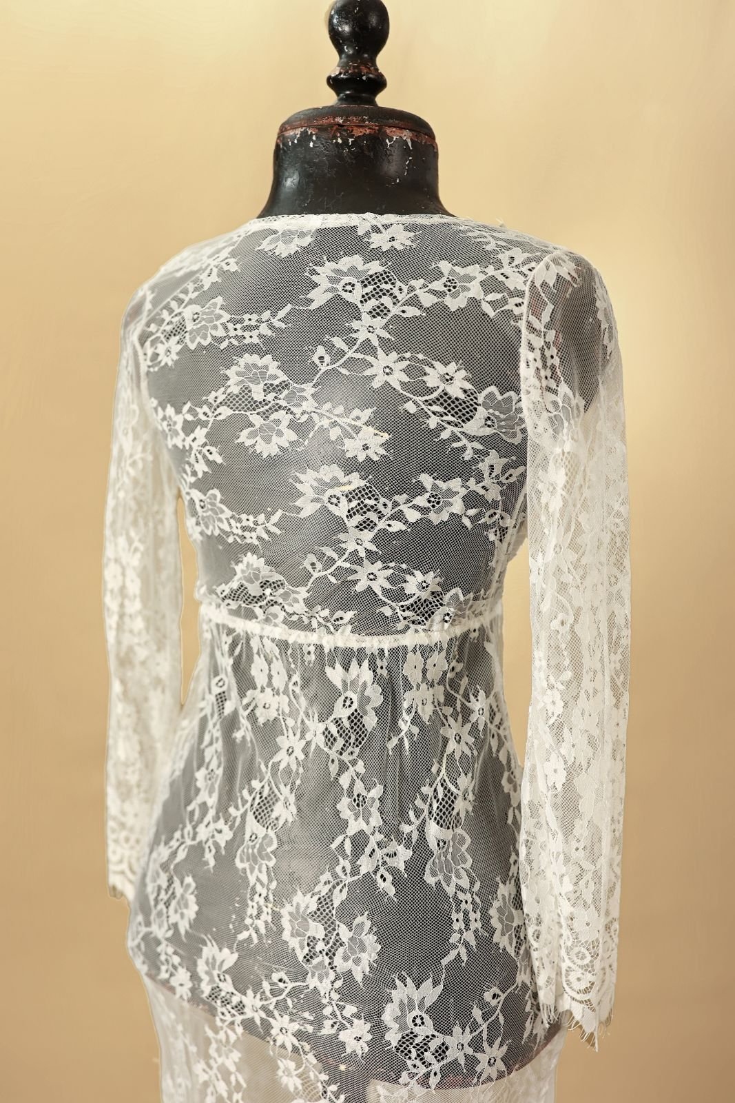 Back view of white sheer lace dress, showing floral lace embroidery patterns