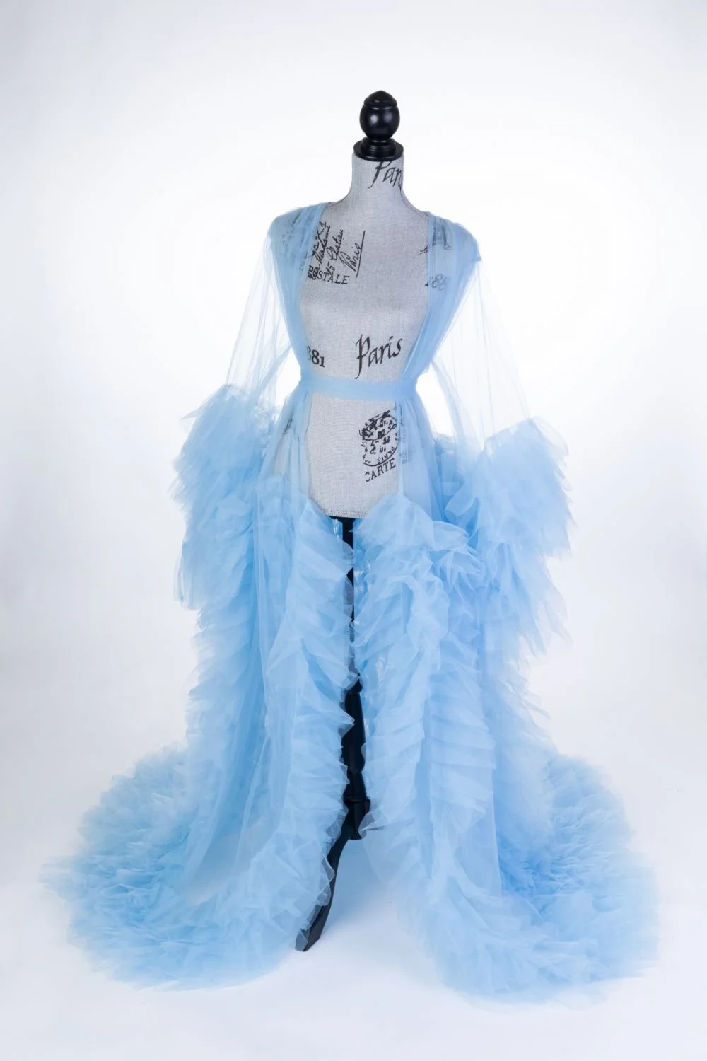 Baby blue sheer tulle maternity robe with textured tulle ruffled sleeves and long train
