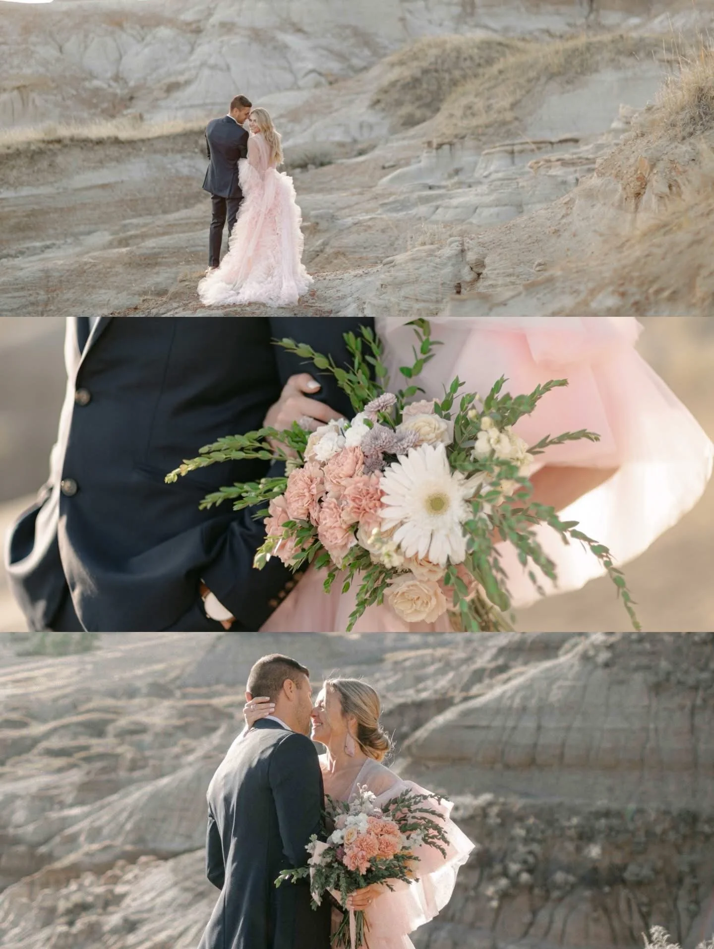 Collage of a woman in Drumheller Alberta wearing a fluffy pink gown robe to a bridal photoshoot, with her husband