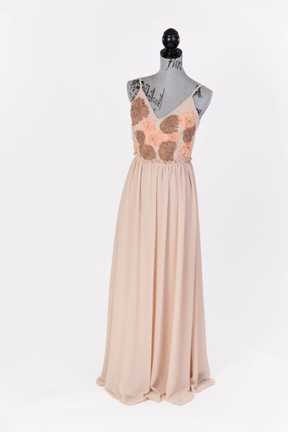 Beige strappy sleeveless floor-length dress with brown embroidered textures on top