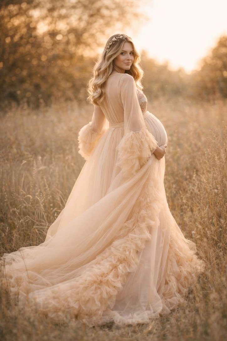 AI generated image of a pregnant woman wearing a beige brown maternity photoshoot dress with ruffled tulle robe