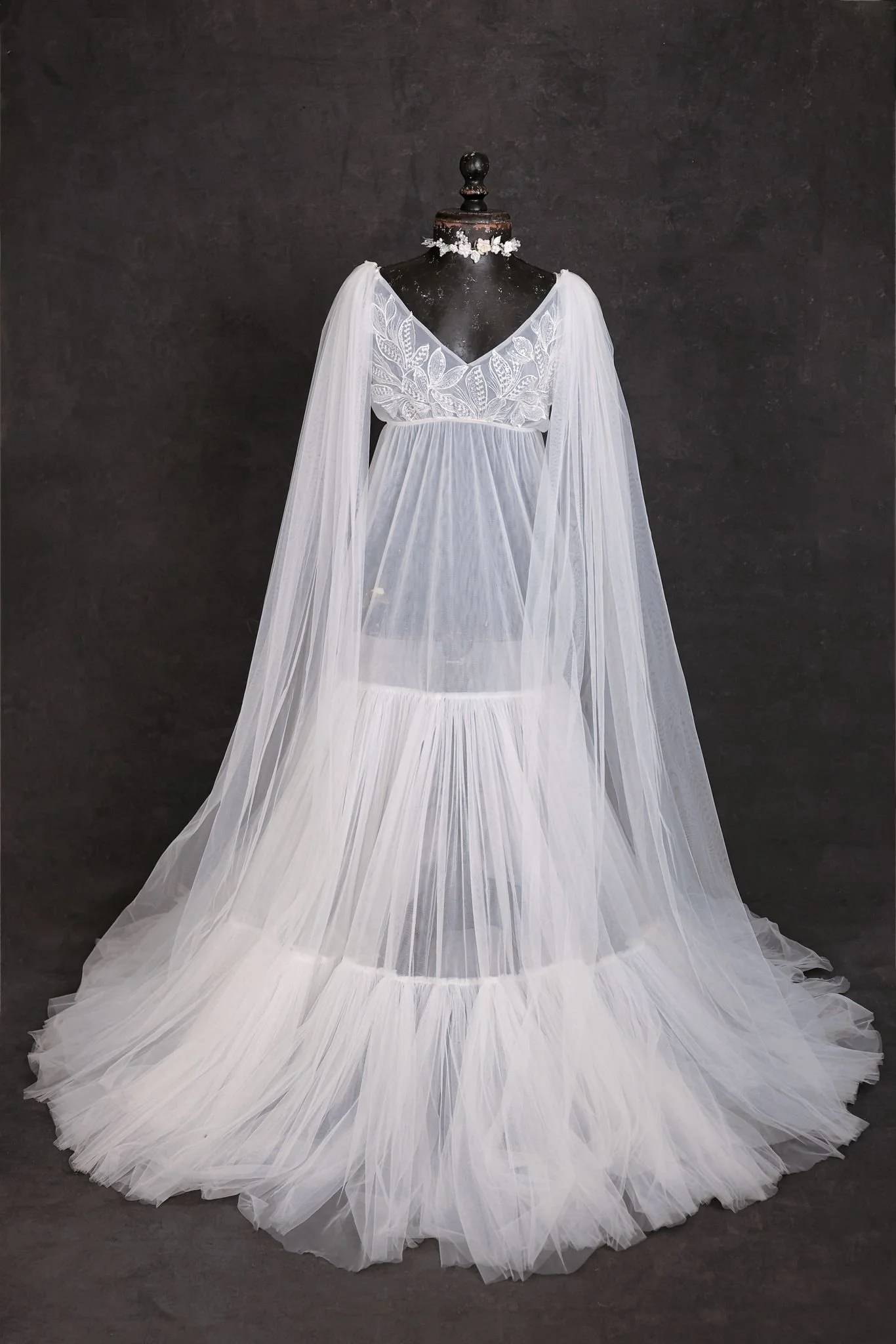 KH fashion house white boho sheer maternity gown with silver jewellery ribbon
