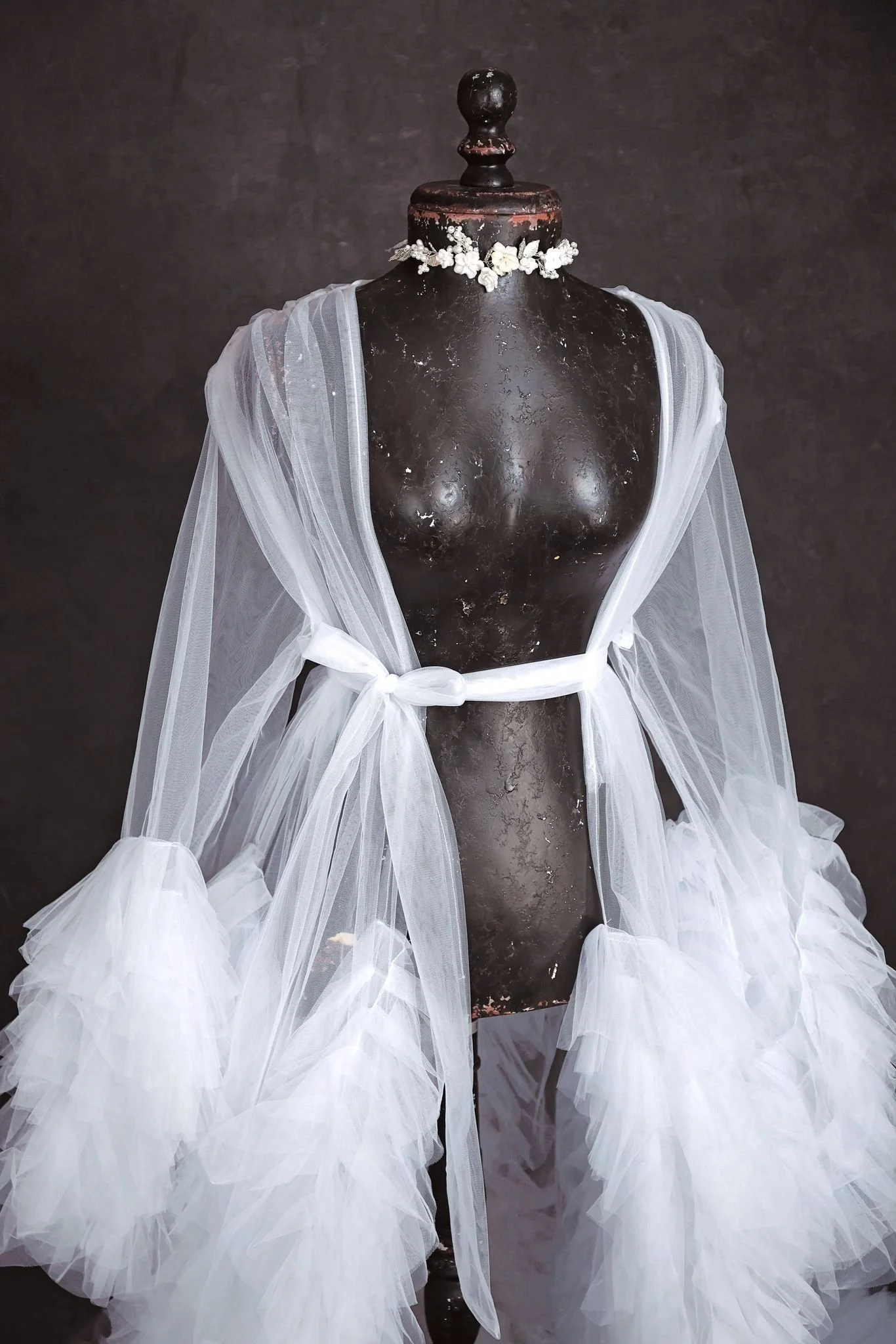 Just white tulle sheer robe on its own with silver jewellery ribbon