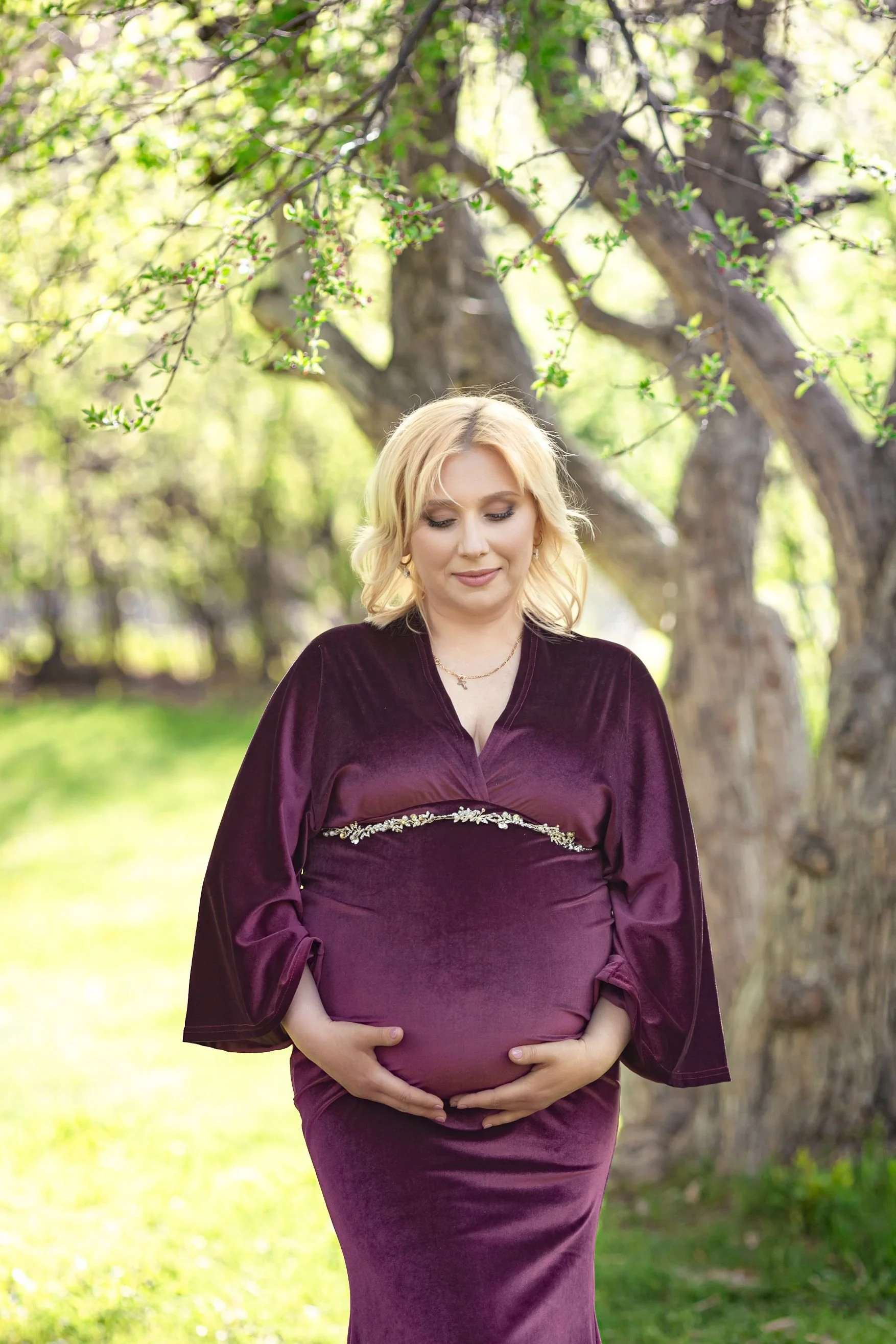 A pregnant woman wearing a burgundy purple velvet dress with a v-neck, in a Calgary maternity photoshoot