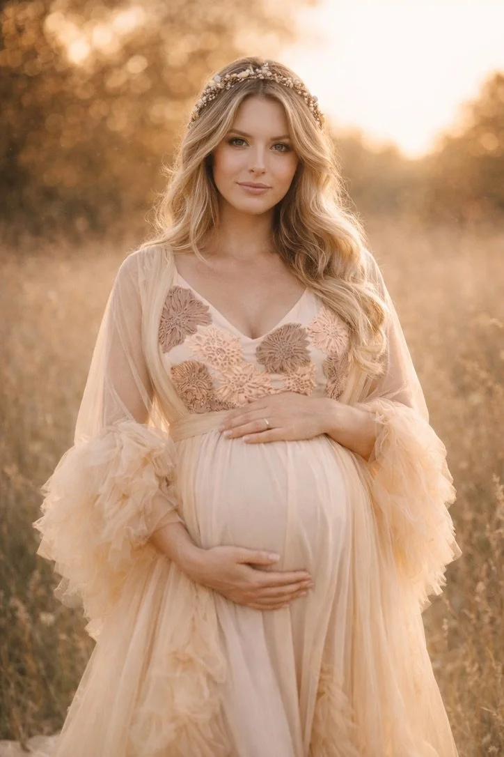 AI generated image of a pregnant woman wearing a beige brown maternity photoshoot dress with ruffled tulle robe
