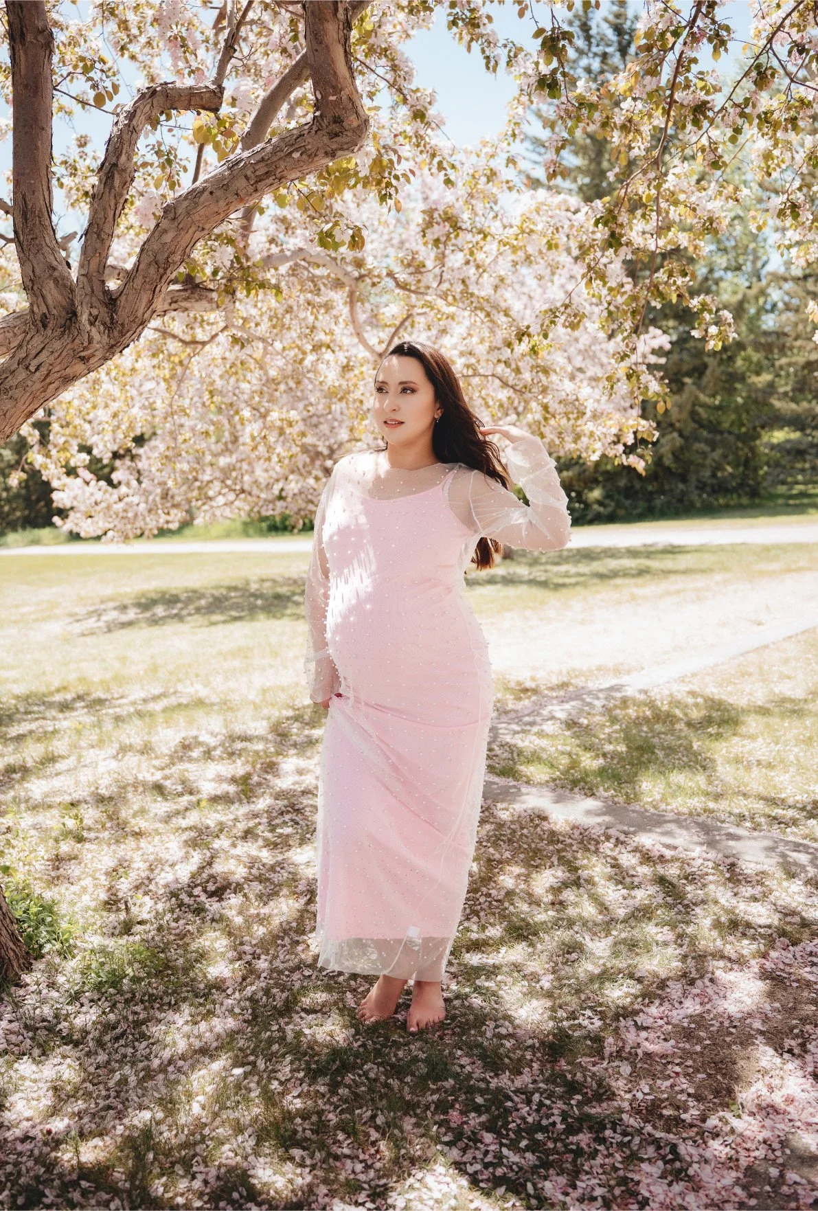 A pregnant woman wearing a cotton candy pink fitted dress with sheer layer of pearl embellishments throughout the dress, and long sheer sleeves, in outdoor spring maternity photoshoot