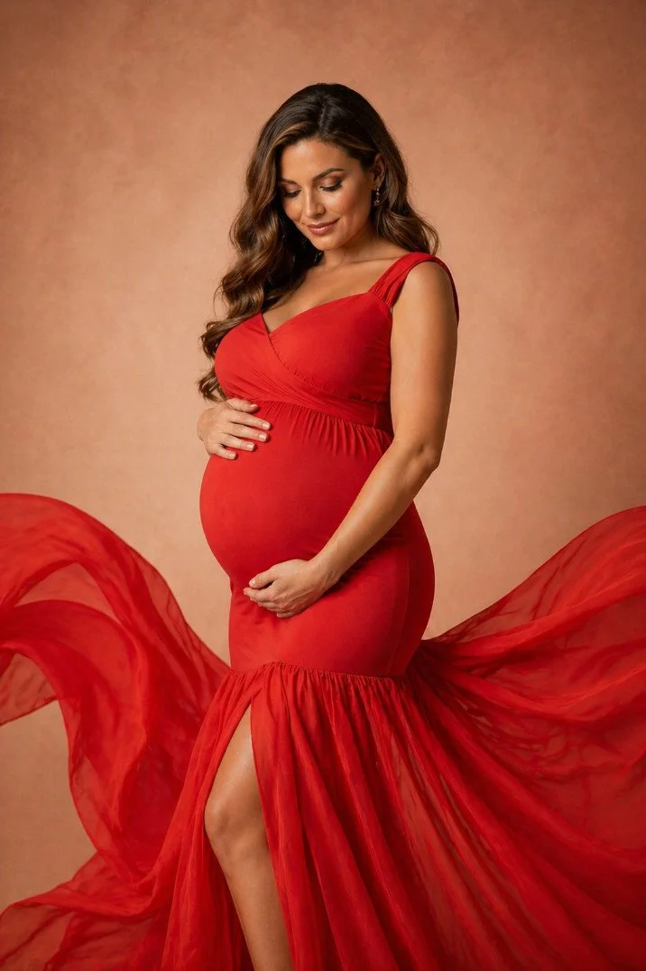 An AI generated image of a pregnant woman wearing a red bodycon mermaid skirt dress in a studio maternity photoshoot