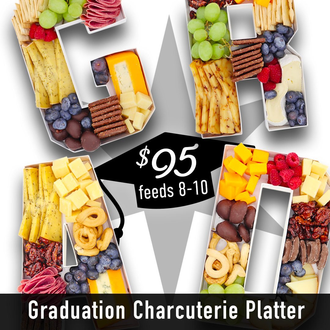 The &quot;Pomp and Circumstance 🎶&quot; for your graduation event! 

Our Graduation Charcuterie Platter includes an assortment of Cheddar, Gouda, Alpine and Brie cheeses, seasonal fruits and crackers. Complemented with chocolate covered pretzels, ca