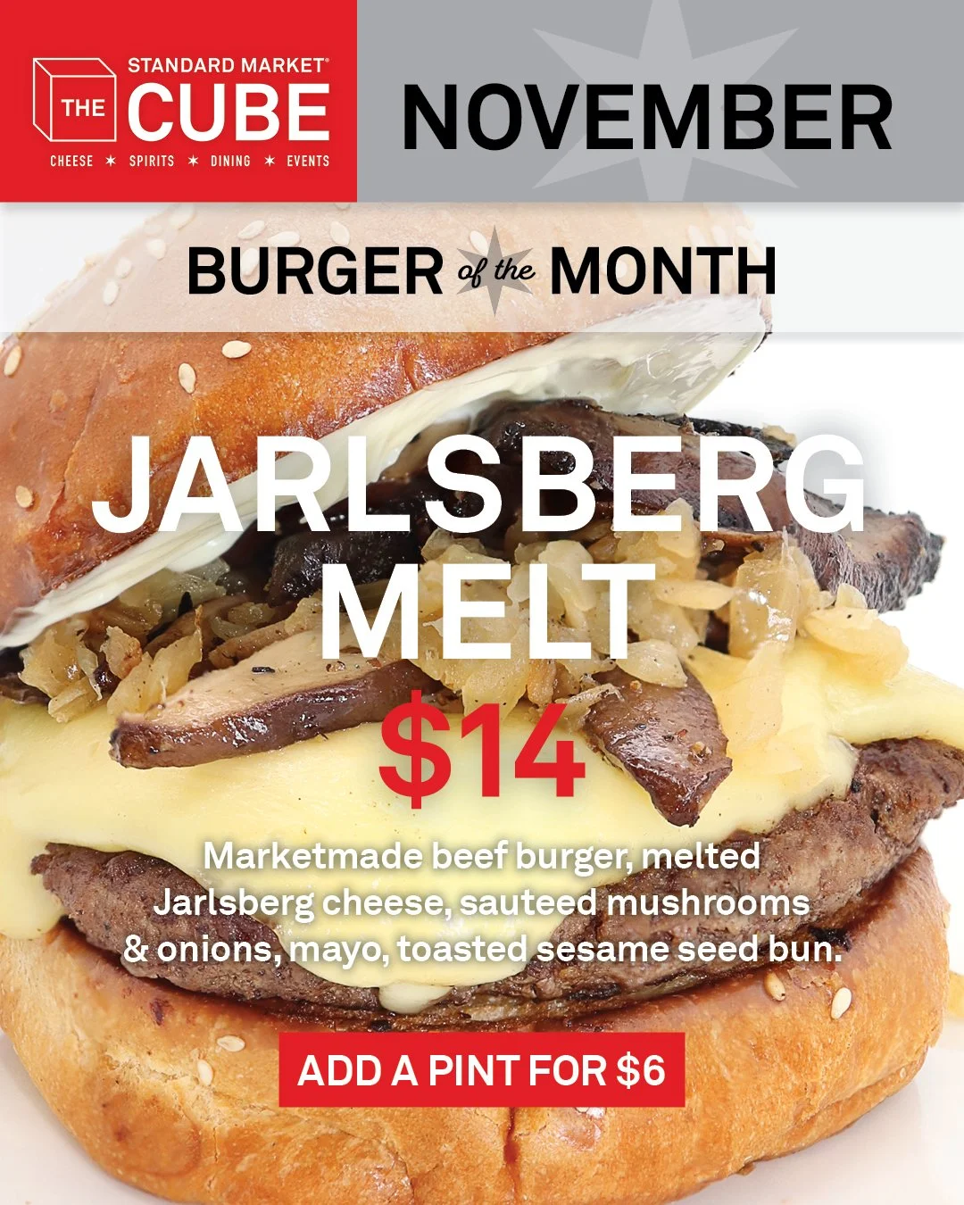Our new Burger of the Month is here! A juicy beef burger with melted Jarlsberg cheese, saut&eacute;ed mushrooms and onions to satisfy your hunger. 

Add a pint of beer for $6