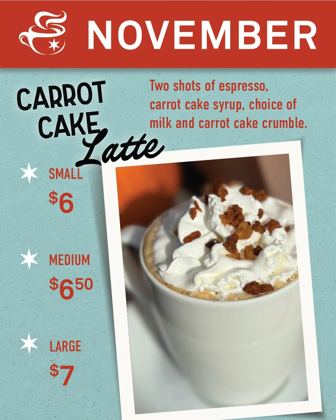 Warm up to the taste of fall with our Carrot Cake Latte and Sweath-a Weath-a Tea. 
🥕🎂🍁🍎

Available this month only!