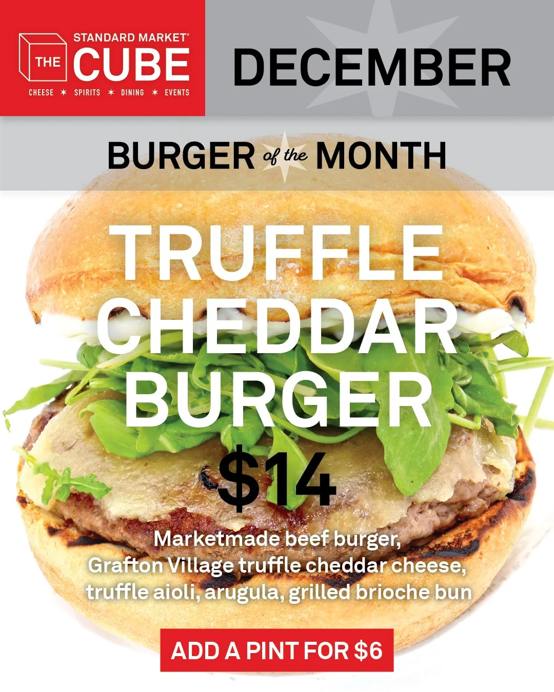 The last burger of the month for 2025! Our Truffle Cheddar Burger features Grafton Village truffle cheddar cheese, a marketmade beef burger, creamy truffle aioli, and fresh arugula served on a grilled brioche bun. Available all month long!
