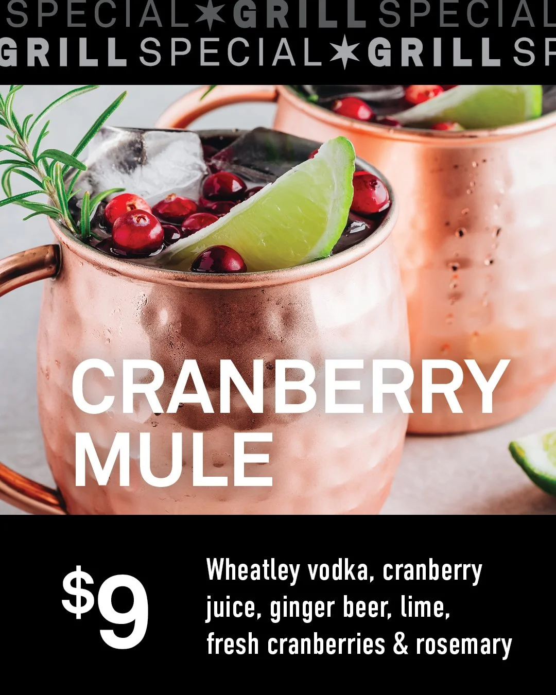 This holiday drink will have you cheery and bright all winter long. Our Cranberry Mule Special in the Grill is here for a limited time only! See you soon.🎄✨