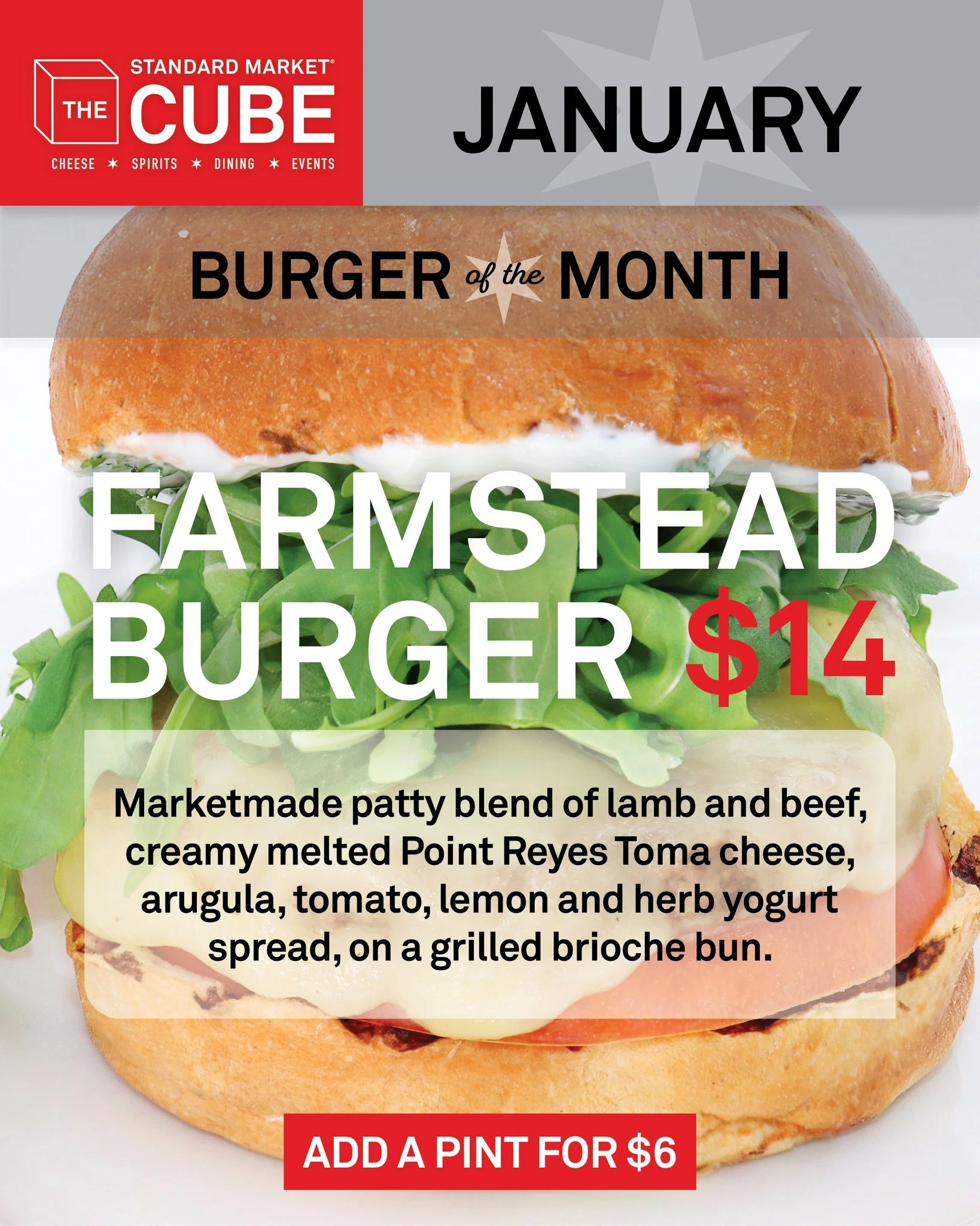Start the year with something you know you love! The return of the Farmstead Burger - Marketmade patty blend of lamb and beef, creamy melted Point Reyes Toma cheese, arugula, tomato, lemon and herb yogurt spread, on a grilled brioche bun. 
Enjoy it a
