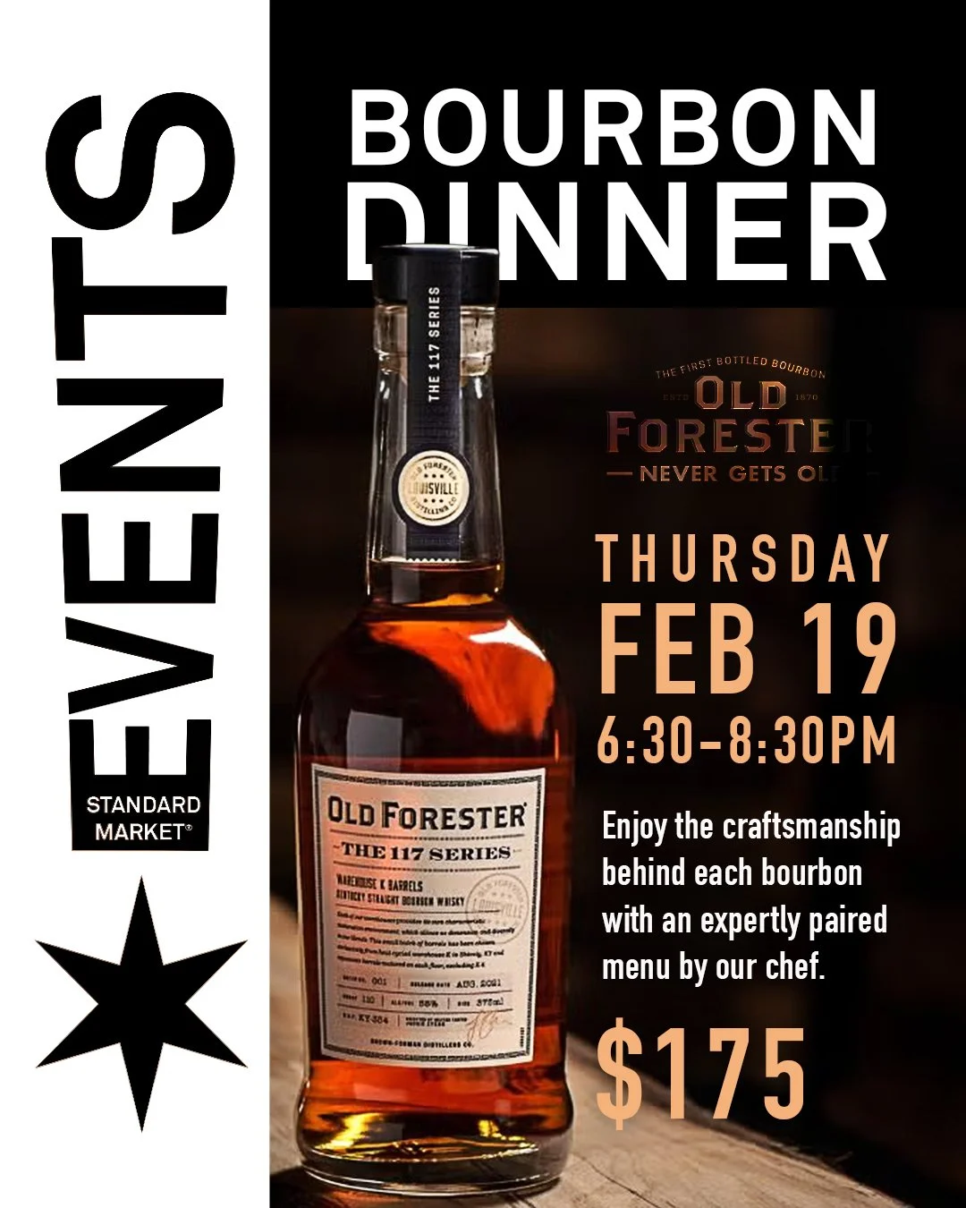 Join us for an exclusive Old Forester Bourbon Dinner featuring a curated selection of rare and sought-after expressions. Each pour will be expertly paired with a multi-course meal designed to complement the depth and character of the whiskey. An unfo