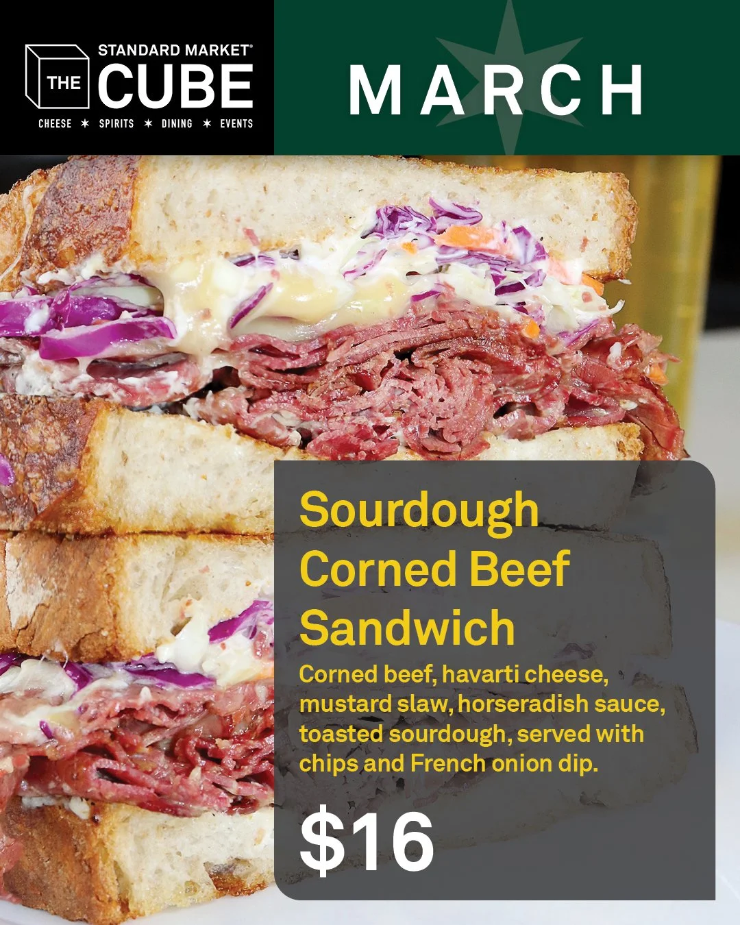 We take our toasted sourdough, stack it high with warm, savory, thin-sliced corned beef, havarti cheese, and our zesty, horseradish sauce, served with chips and French Onion. It&rsquo;s crispy, cheesy, and deeply satisfying. 💜🍀🧀 🥪

🗓️ Available 