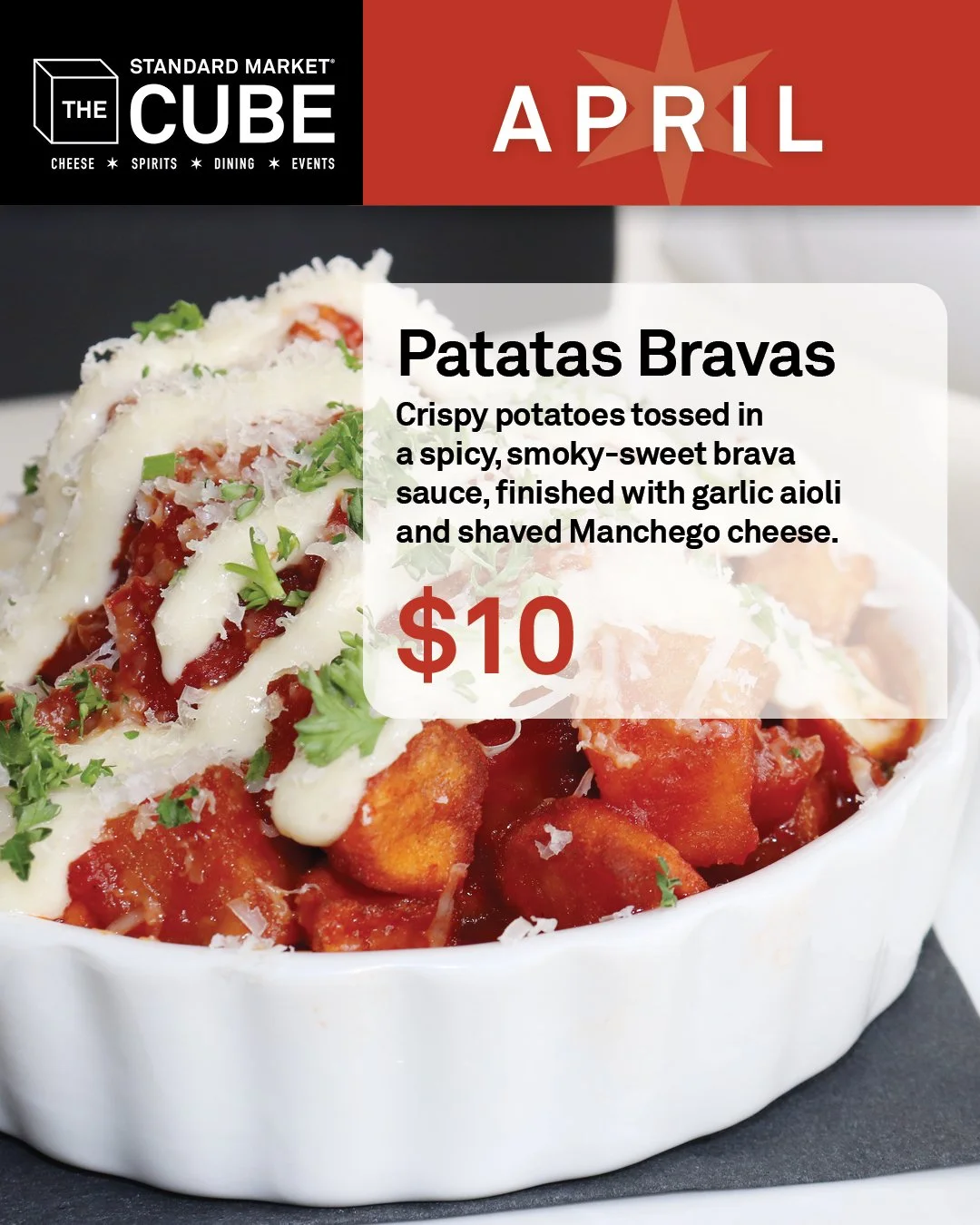 🔥 This month's food special in The Cube brings in the HEAT! 🔥

Bravas Crispy potatoes tossed in a spicy, smoky-sweet brava sauce, finished with garlic aioli and shaved Manchego cheese.

Enjoy all month long!