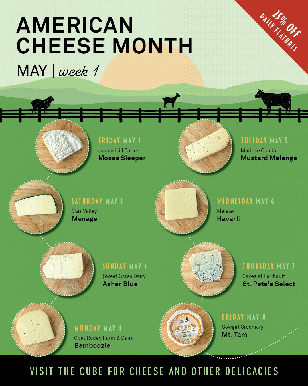 Tomorrow begins American Cheese Month! 🧀 Join us all month long as we celebrate the incredible world of American cheeses with a special daily deal: 25% off a select cheese! Discover new favorites and enjoy classic delights. Don't miss out &ndash; ea