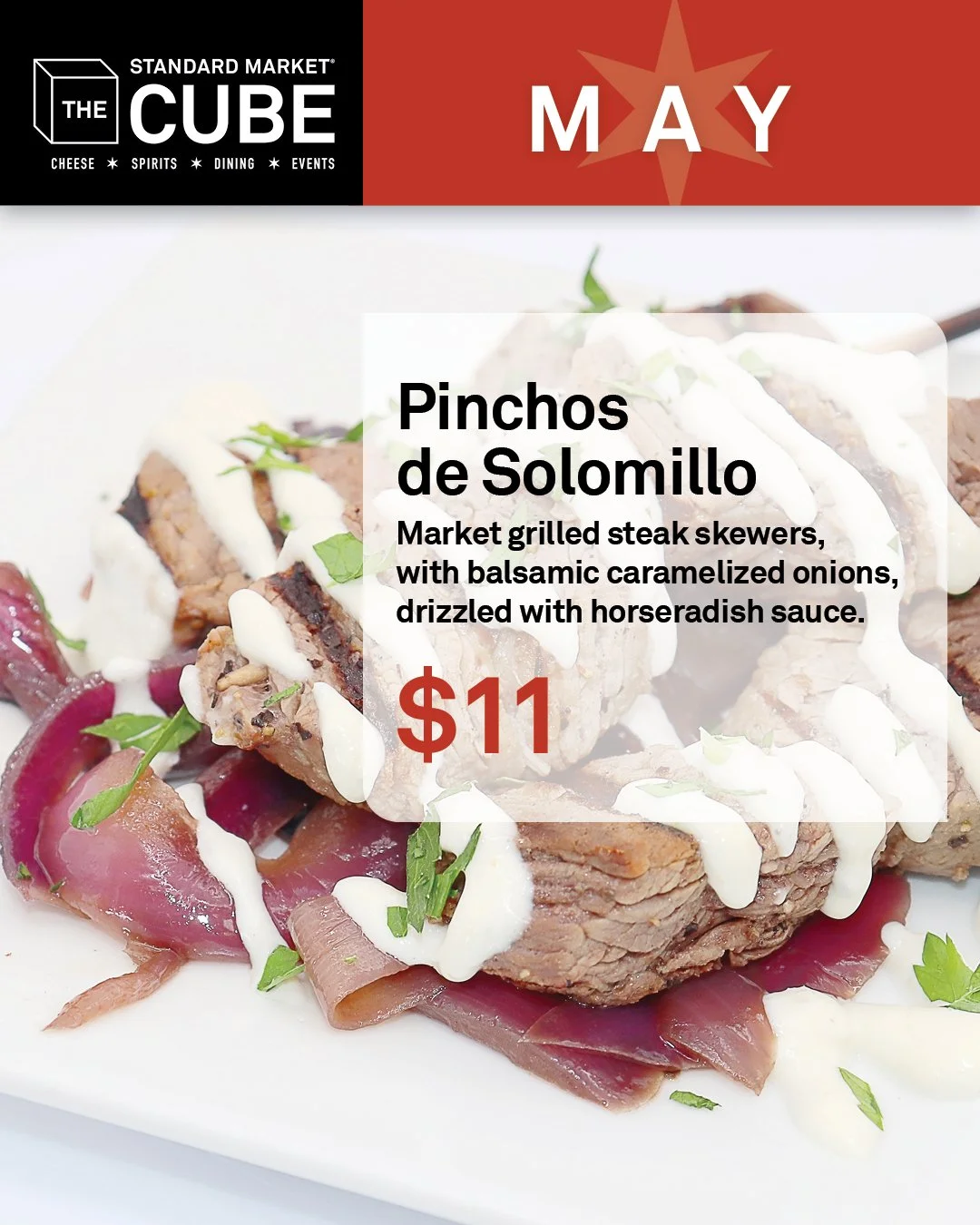 Experience a symphony of flavors with The CUBE's monthly special: Pinchos de Solomillo for just $11! 🥩🍢 Savor the smoky char of grilled steak, the sweet tang of balsamic caramelized onions, and the delightful kick of our horseradish sauce. It's a c