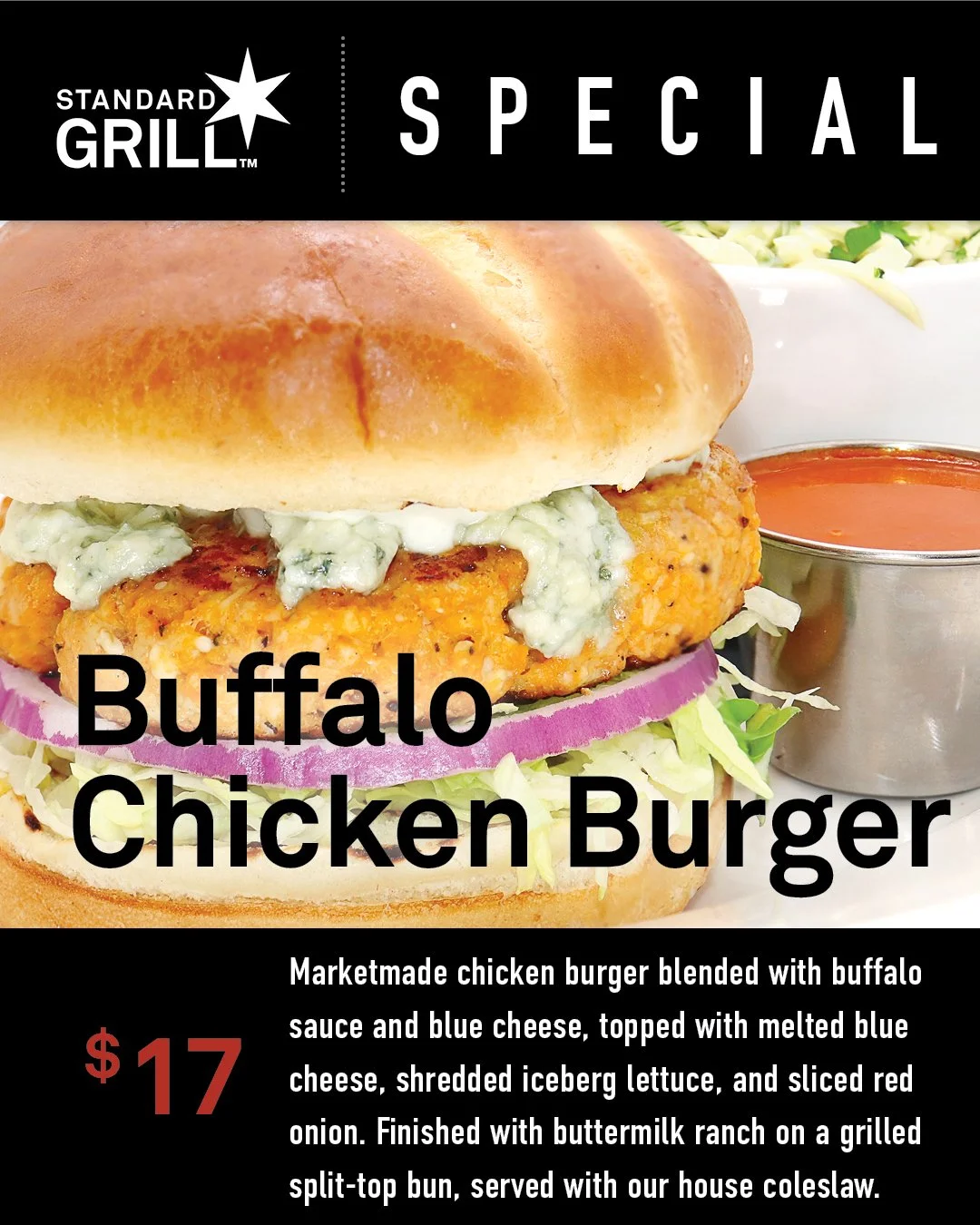 Get ready to tantalize your taste buds! ✨ Starting today, dive into these incredible new food specials.

🍔 The Grill: Sink your teeth into our juicy $17 Buffalo Chicken Burger! A perfect blend of spicy and savory that will leave you craving more. 

