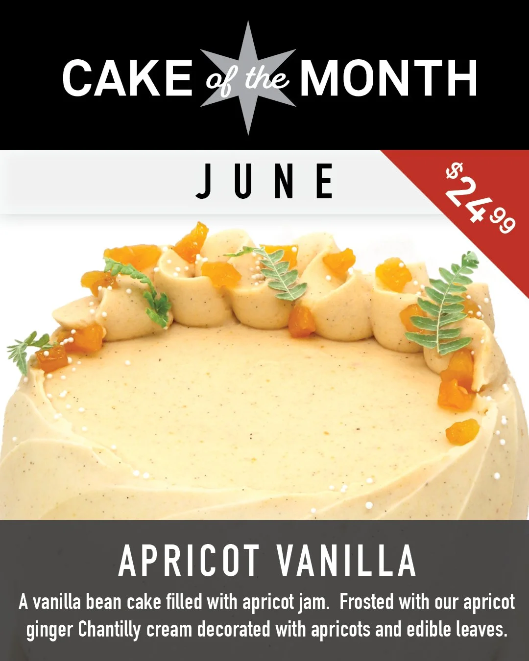 🍑✨ Meet our June Cake of the Month!

Fluffy vanilla bean cake layered with sweet, sun-ripened apricot jam and frosted with our dreamy Apricot Ginger Chantilly cream. Finished with fresh apricots and delicate edible leaves, it's a bright, elegant des