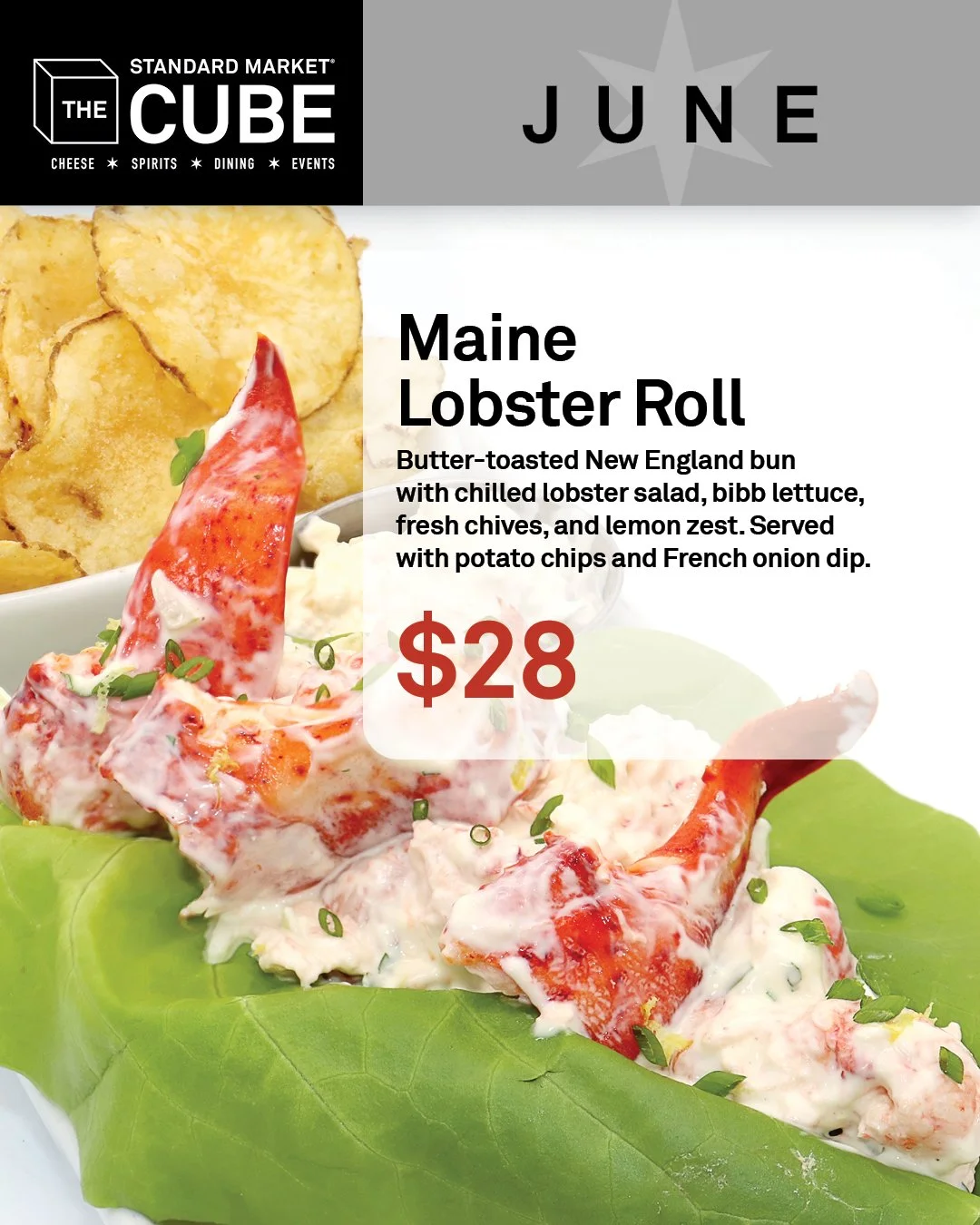 🦞 This Month's Special in The Cube 🦞

Meet your summer craving: our Maine Lobster Roll. Sweet chilled lobster salad piled into a butter-toasted New England bun with crisp bibb lettuce, fresh chives, and bright lemon zest. Served with crunchy potato