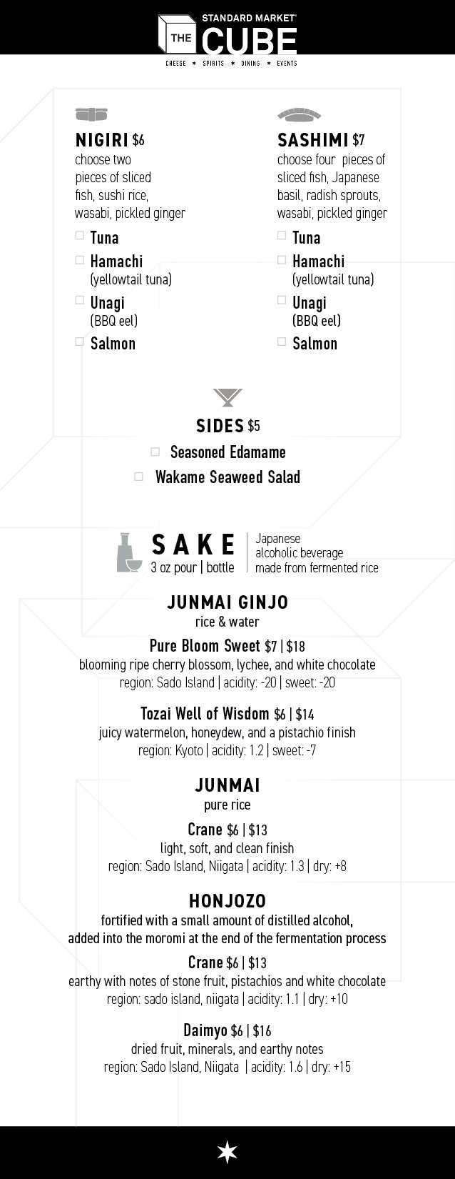 Cube Square Menu The Cube: Wine, Beer & Cheese Bar — STANDARD MARKET