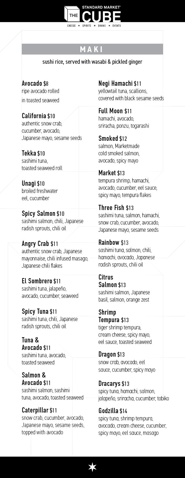 Cube Square Menu The Cube: Wine, Beer & Cheese Bar — STANDARD MARKET