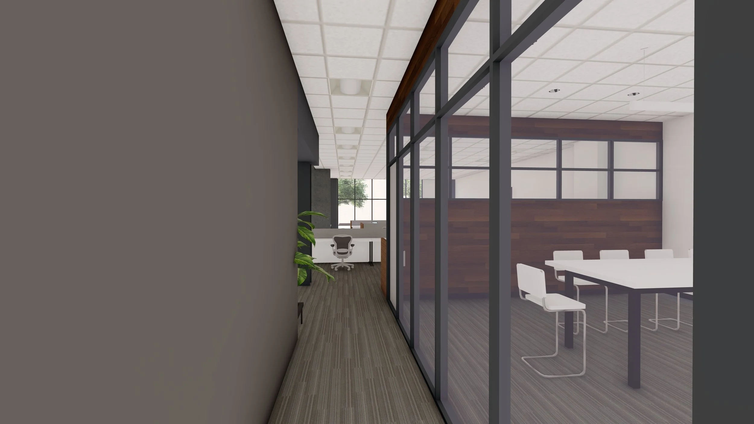 view from the breakroom towards the front of the space.