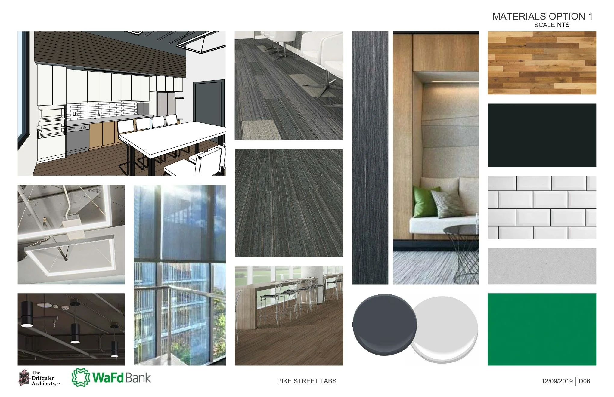 material board: provided the client with a breakdown of the material finishes being used within the space.