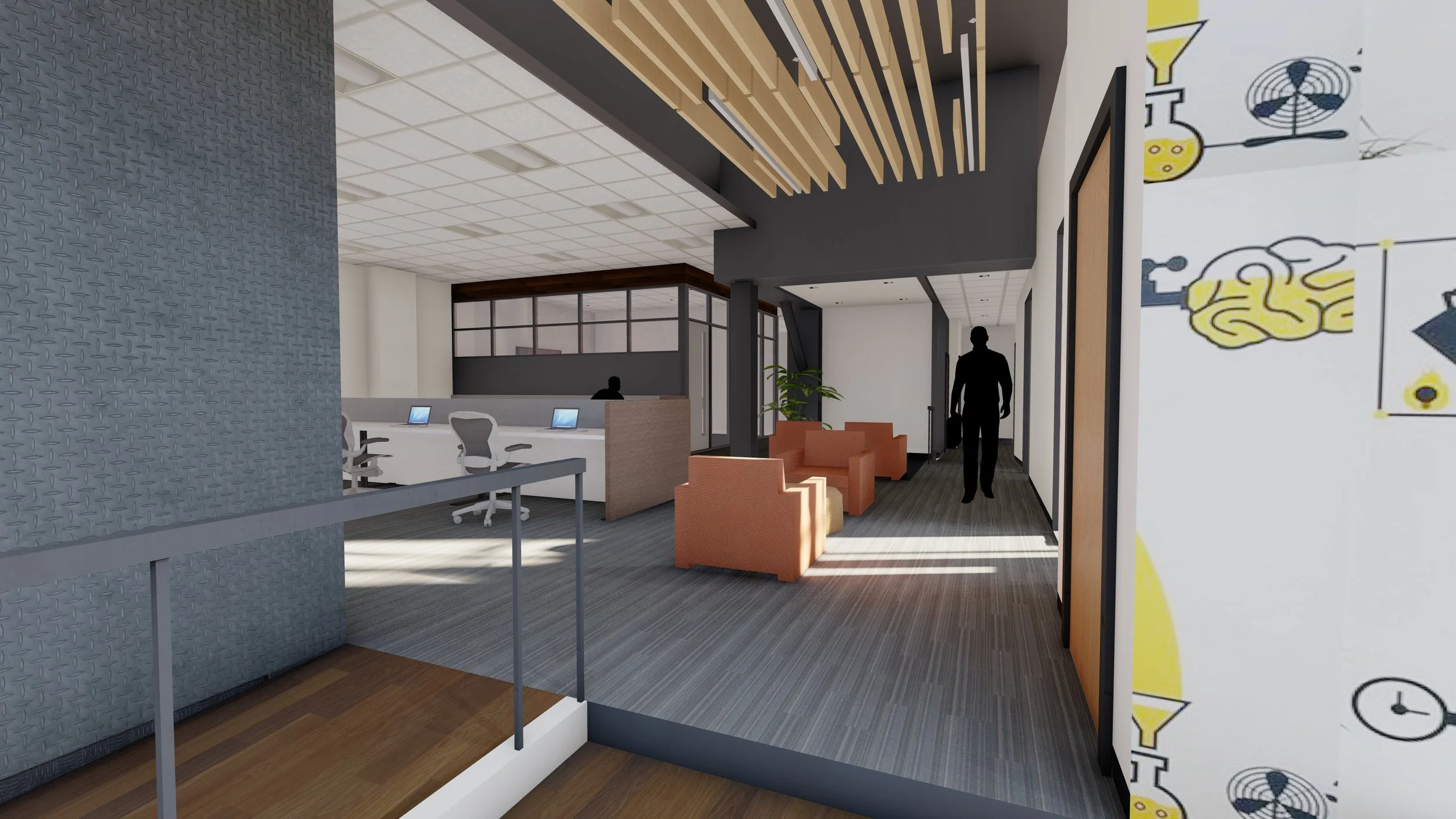 view from entrance of the building, looking at the lounge/white board area and open office areas.