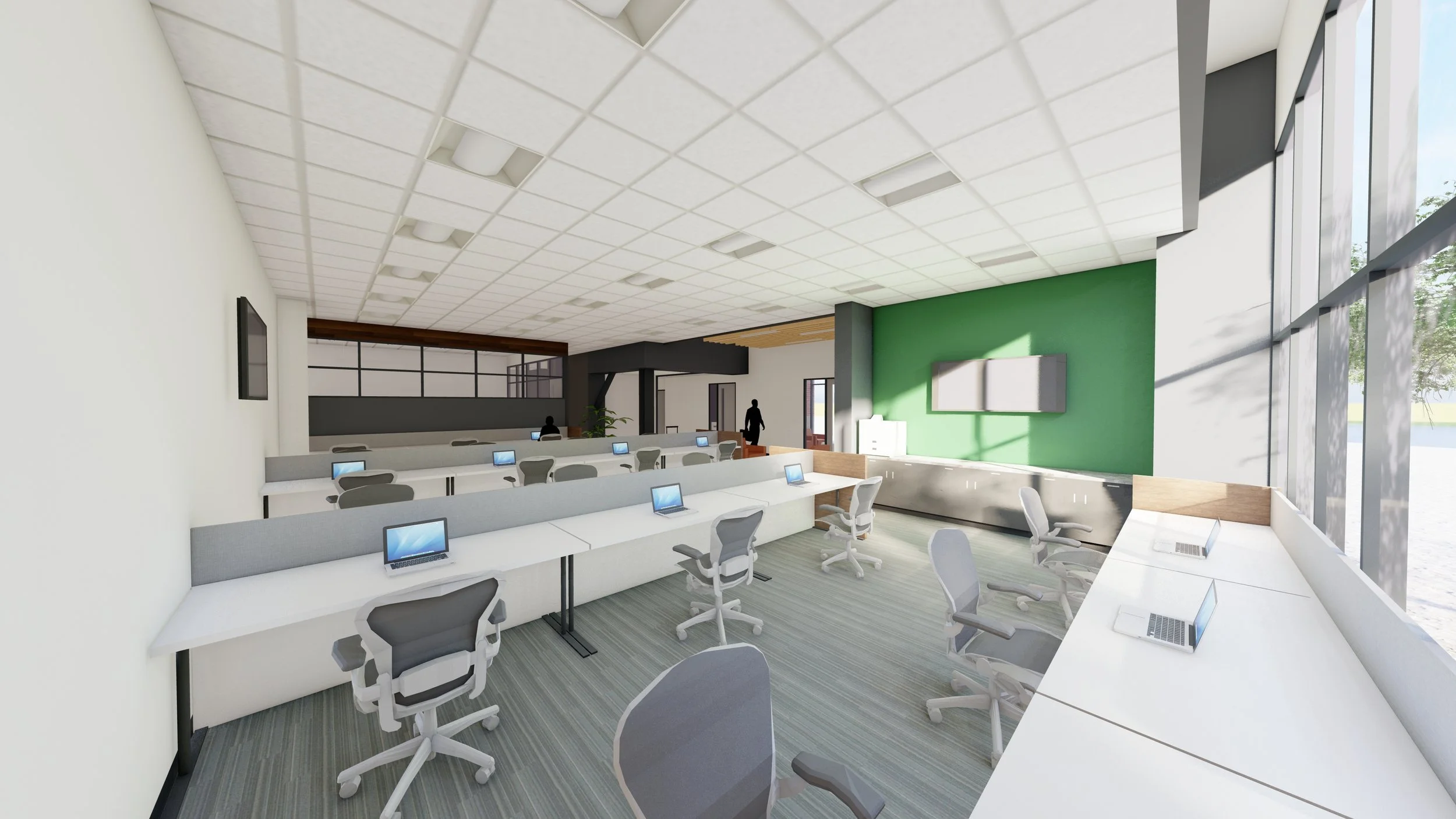 open office area, featuring white and gray furniture and a pop of green at the work center.