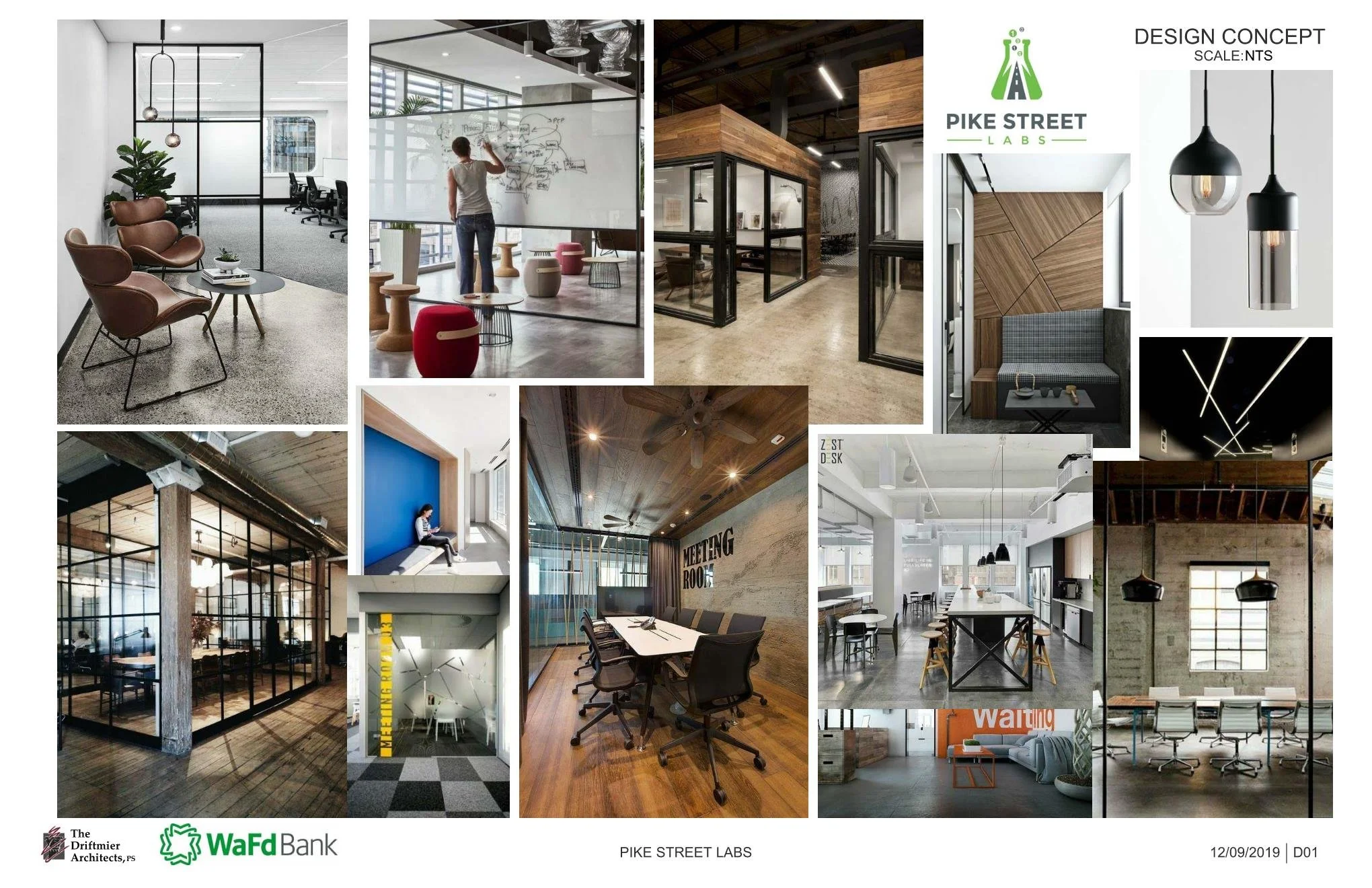 design concepts: the overall look and feel of the space was mad men meets industrial loft. concrete, wood and steel elements played through with gray undertones and pops of color.