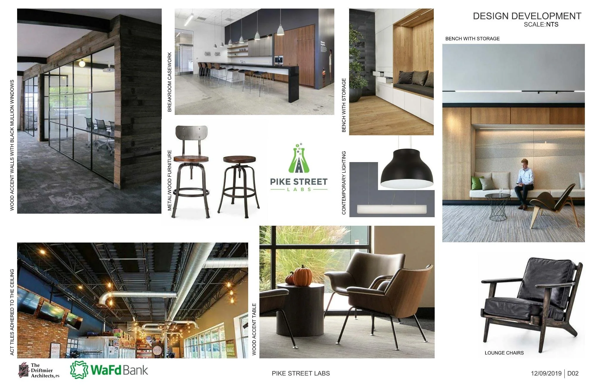 design development: focused in on the fun elements we wanted in the space. collaborative meeting areas, comfy lounge furniture, and wood wrapped conference rooms.