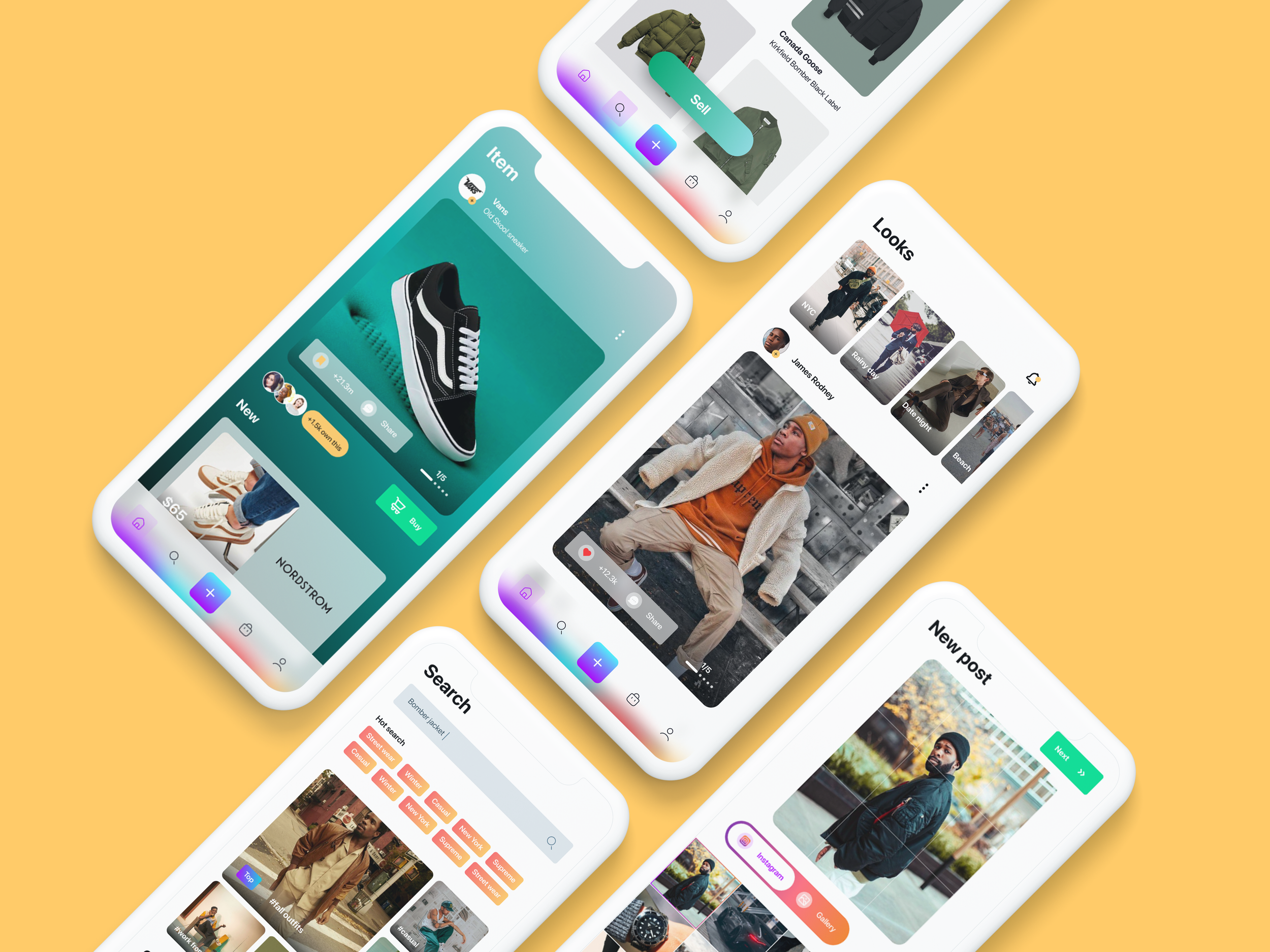 Mobile app interface mockup showing various screens with shopping and social features, including product listings, user profiles, and search options, on a yellow background. Looks Ai