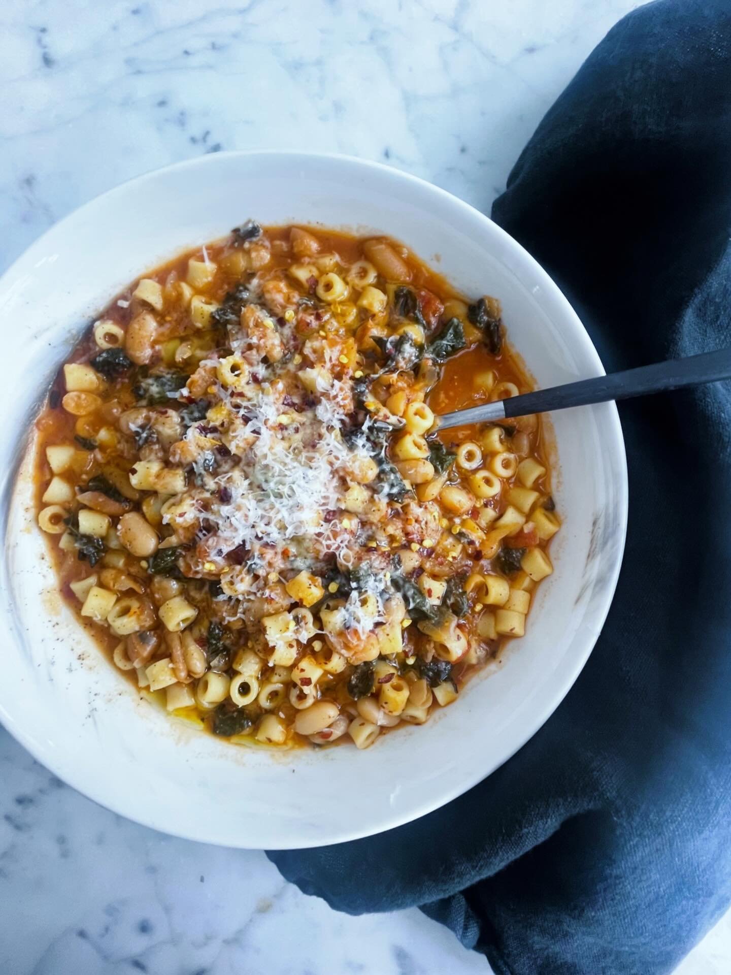 @stanleytucci &lsquo;s  Pasta Fagioli with @alisoneroman &lsquo;s A Very Good Tomato Sauce ❤️🍅 @firstbloomcornerstore