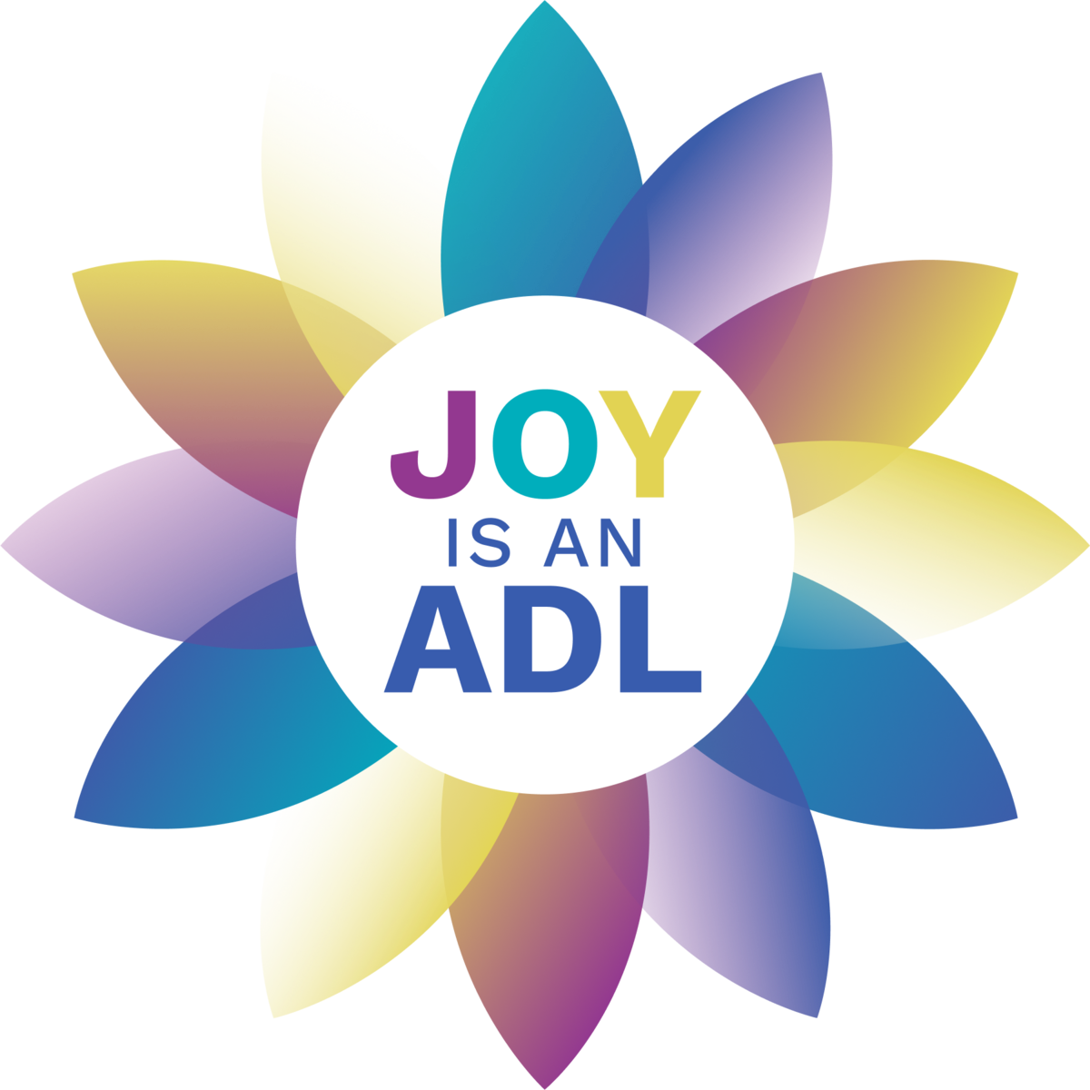 Colorful background with overlapping petal shapes in blue, purple, yellow, and white. Centered white circle with text 'JOY IS AN ADL' in multicolored and blue font