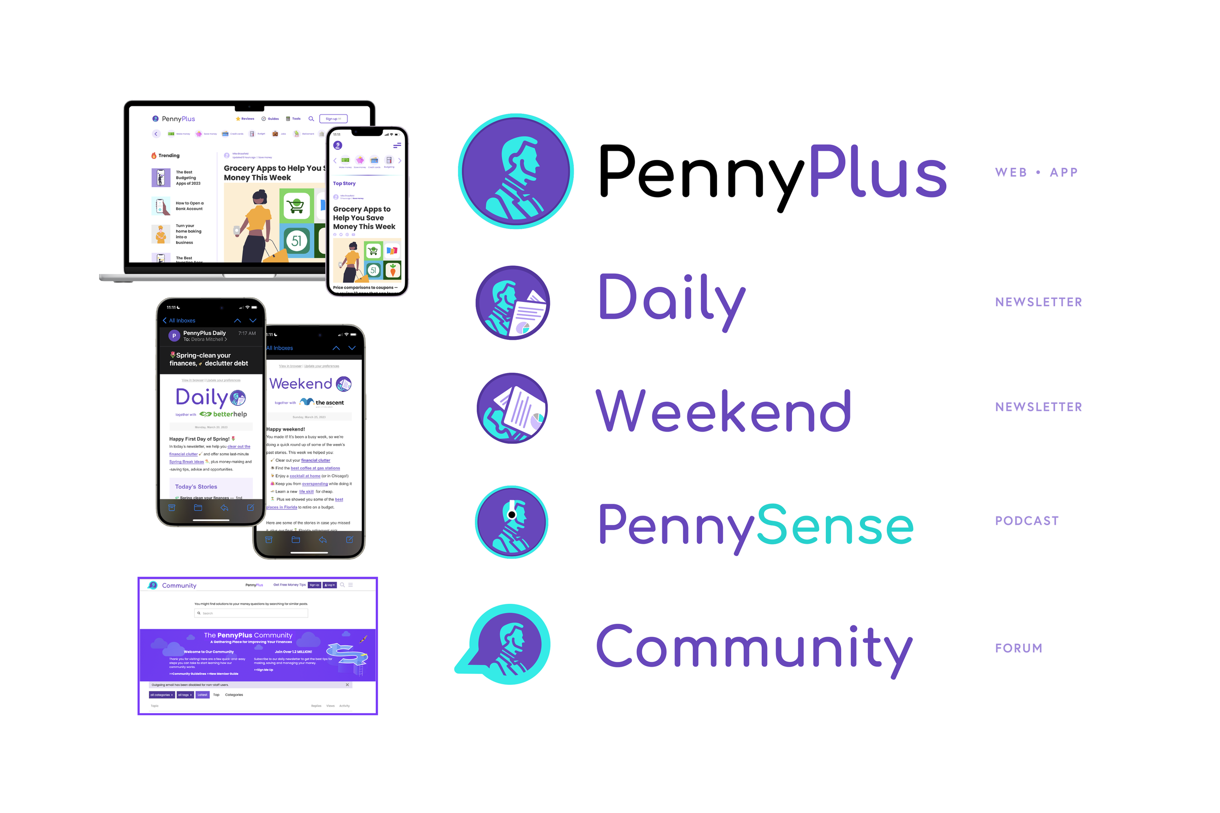 PennyPlus | a family of logos for the website, app, email newletter, podcast and community