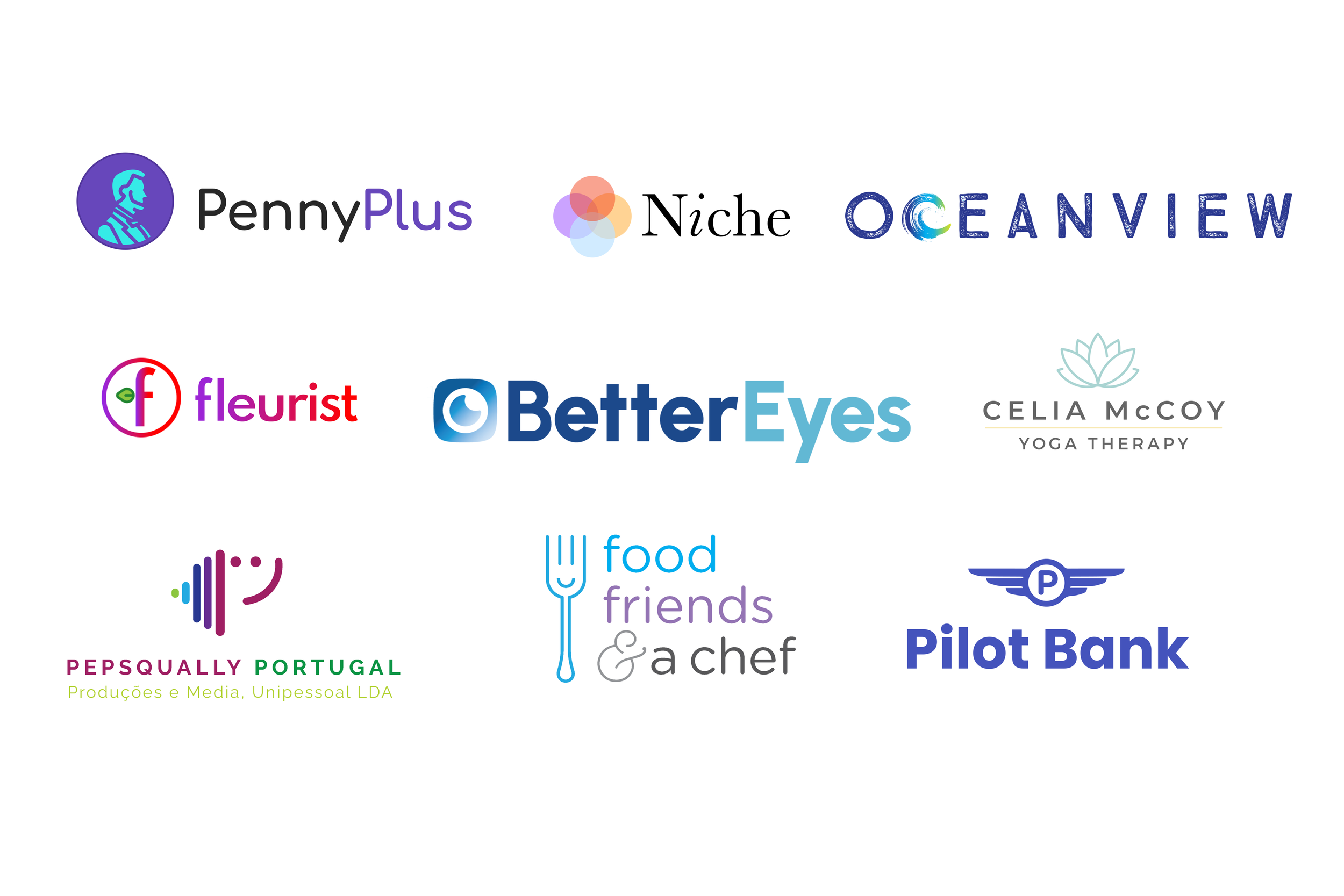 Collection of logos for various companies and organizations, including PennyPlus, Niche, OceanView, Fleurist, BetterEyes, Celia McCoy Yoga Therapy, Pepsqually Portugal, Food Friends, Pilot Bank, and others.