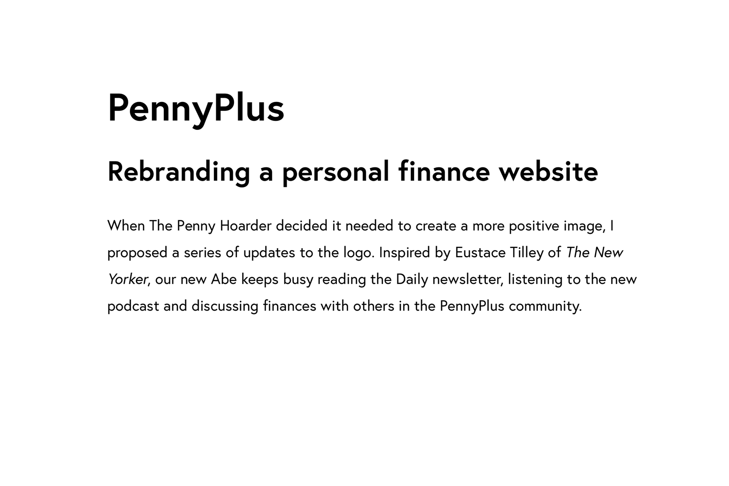 A screenshot of a webpage titled 'PennyPlus' about rebranding a personal finance website, including an introductory paragraph about creating a more positive image.