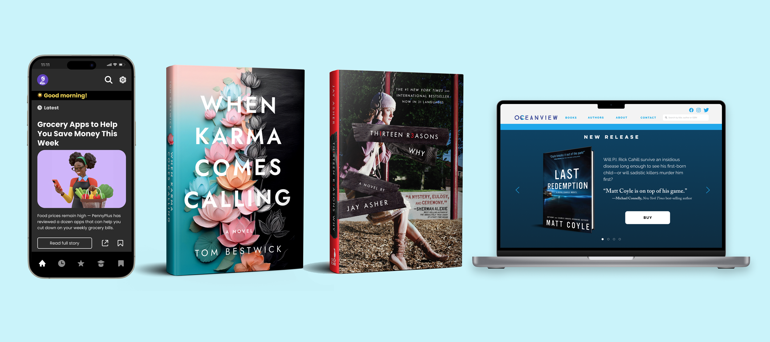 An illustration featuring four digital screens and two books. The first screen on the left is a smartphone displaying a news app with an article about grocery apps. To the right of the smartphone are two books, one titled 'When Karma Comes Calling' by Tom Bestwick and the other 'Thirteen Reasons Why' by Jay Asher. To the right of the books is a laptop showing a book promotion for 'Last Redemption' by Matt Coyle on a blue background.