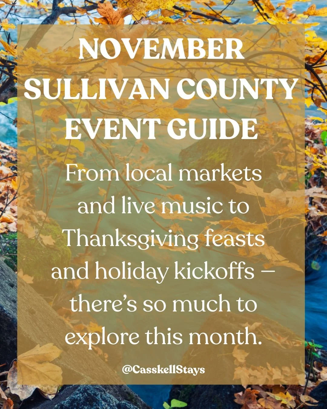 As the air turns crisp and the holidays draw near, Sullivan County comes alive with cozy, small-town charm. 🍁

This November, enjoy everything from local craft fairs and seasonal festivals to live music and Thanksgiving celebrations. Whether you&rsq