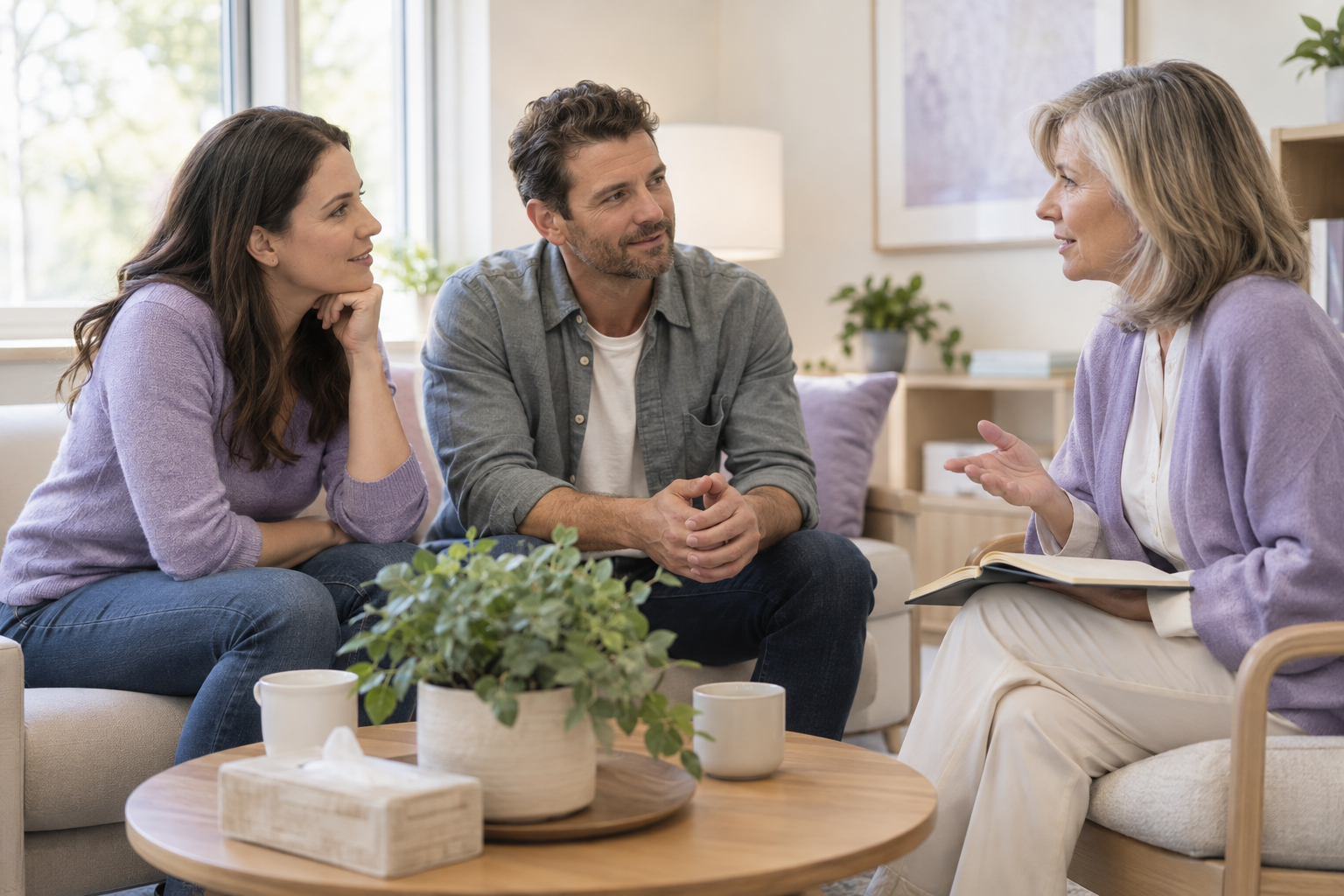 Three people having a discussion in a cozy living room with natural light, a potted plant, and books visible in the background.