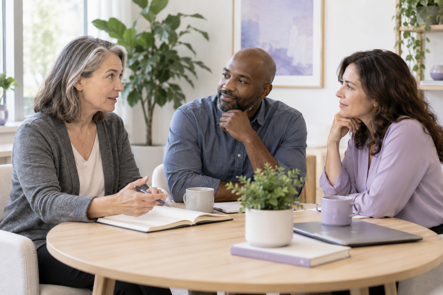 Three adults engaged in a discussion around a meeting table in a bright room, with plants and artwork in the background.