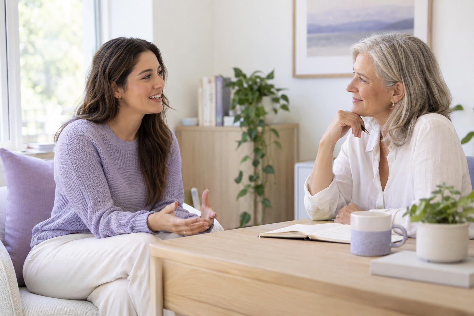 A young woman and an older woman having a conversation at a table in a bright, cozy room with plants and artwork.